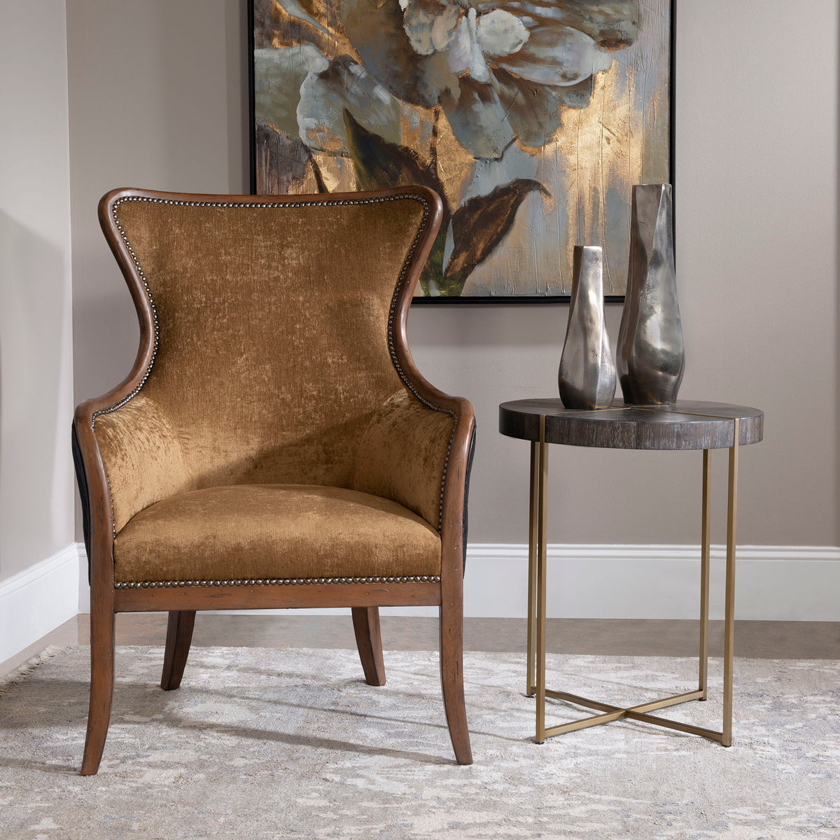 Taja - Round Accent Table - Dark Brown &amp; Gold