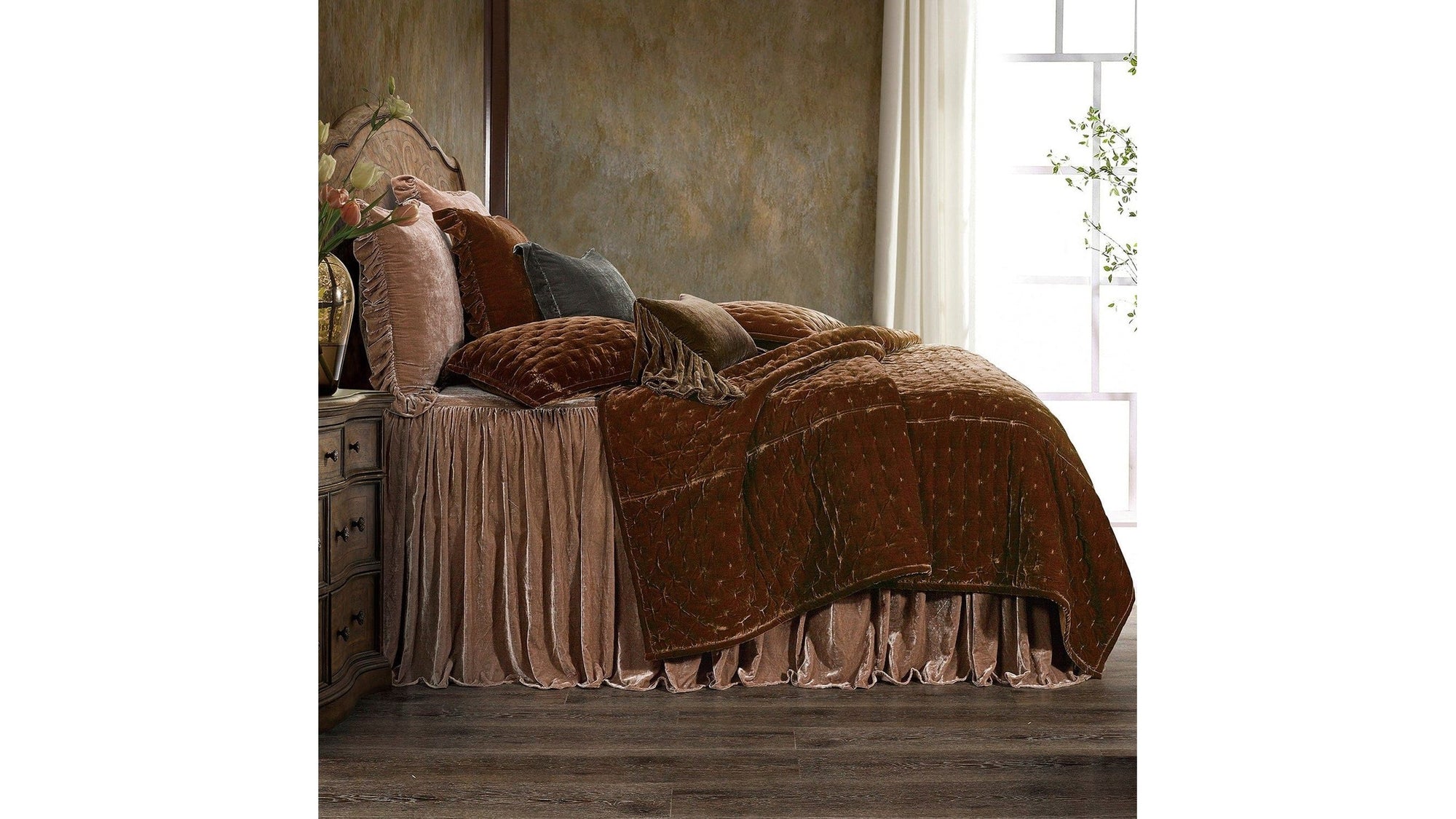 Stella - Twin Faux Silk Velvet Bedspread Set Set of 2 - Dusty Rose
