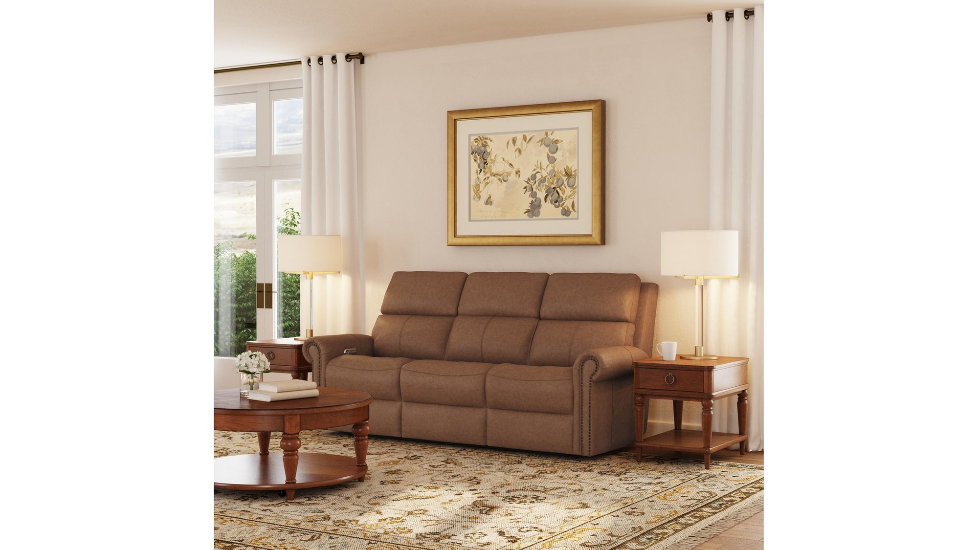 Bernard - Power Reclining Sofa With Console, Power Headrests & Lumbar, Nailhead Trim