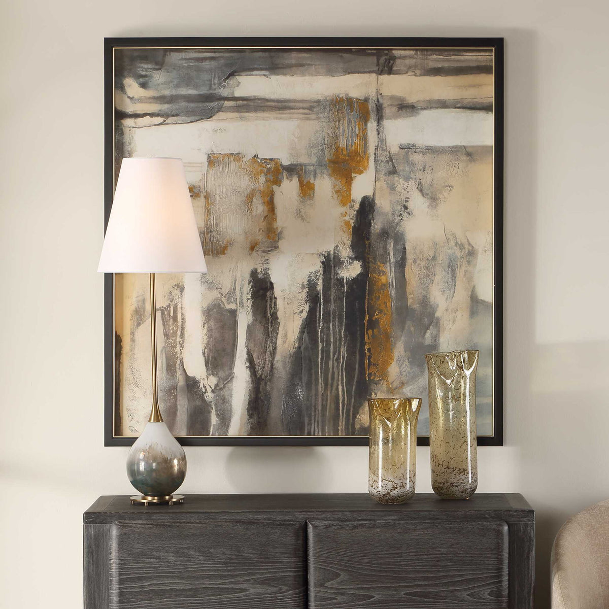 Landslide - Framed Abstract Print - Black / Brass / Gold / Gray / Orange / White / Yellow