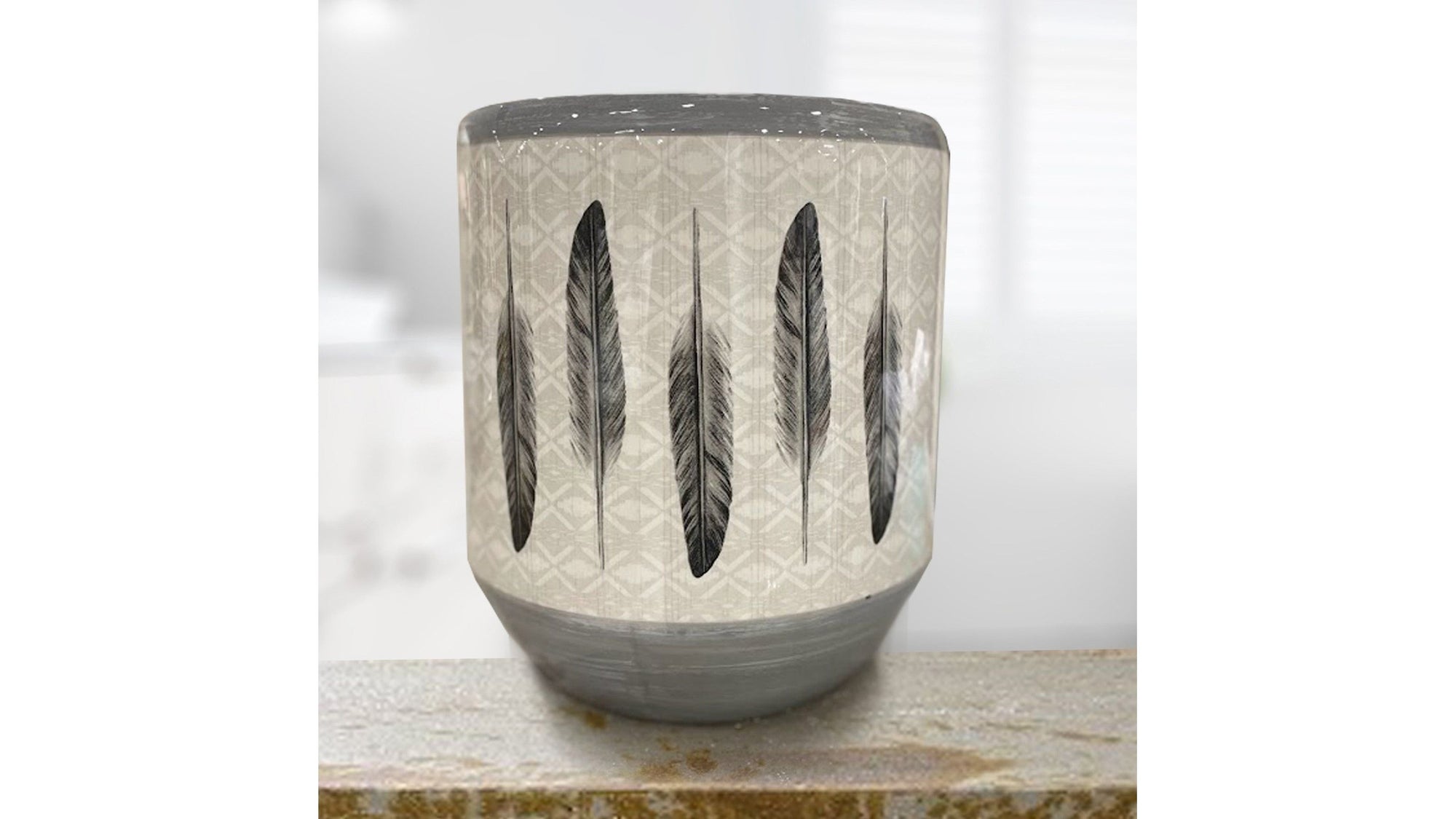 Tossed Feather - Feather Design Ceramic Wastebasket, 2 Per Carton - Cream / Gray