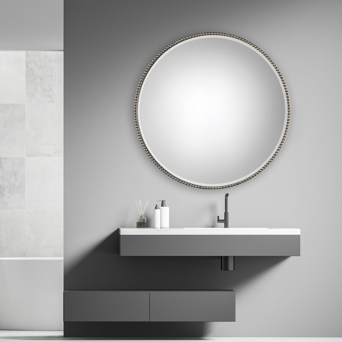 Stefania - Beaded Round Mirror - Silver