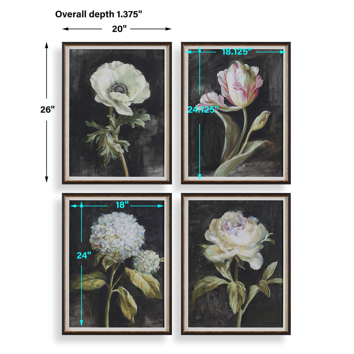 Florals On Black - Framed Prints (Set of 4) - Black