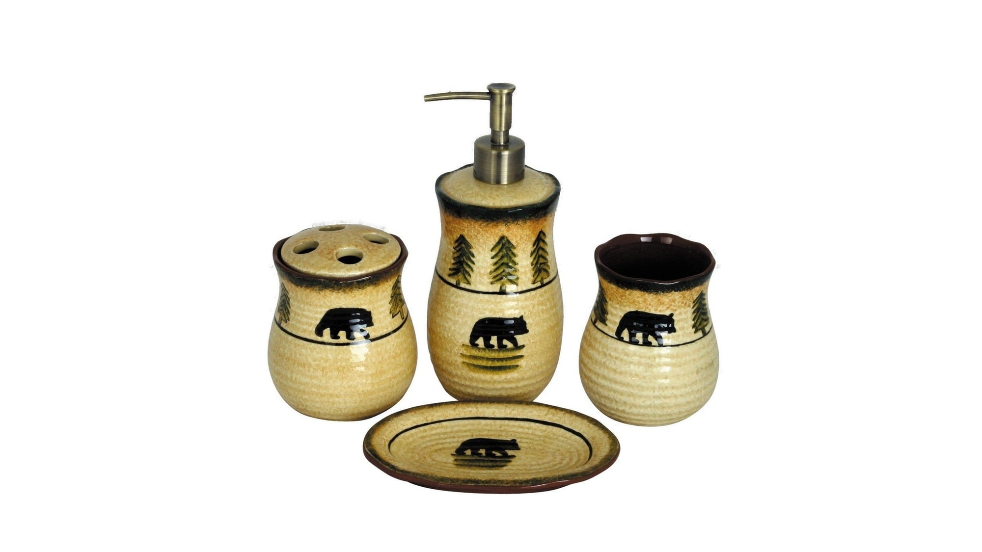 Rustic Bear - Ceramic Forest Countertop Bathroom Set Set of 4 , 4 Per Carton - Tan / Brown