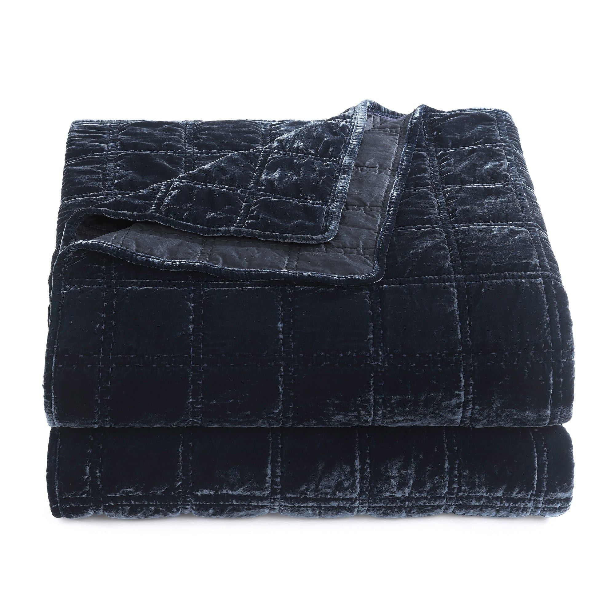Stella - King Faux Silk Velvet Double Box Stitch Quilt Set (Set of 3) - Midnight Blue