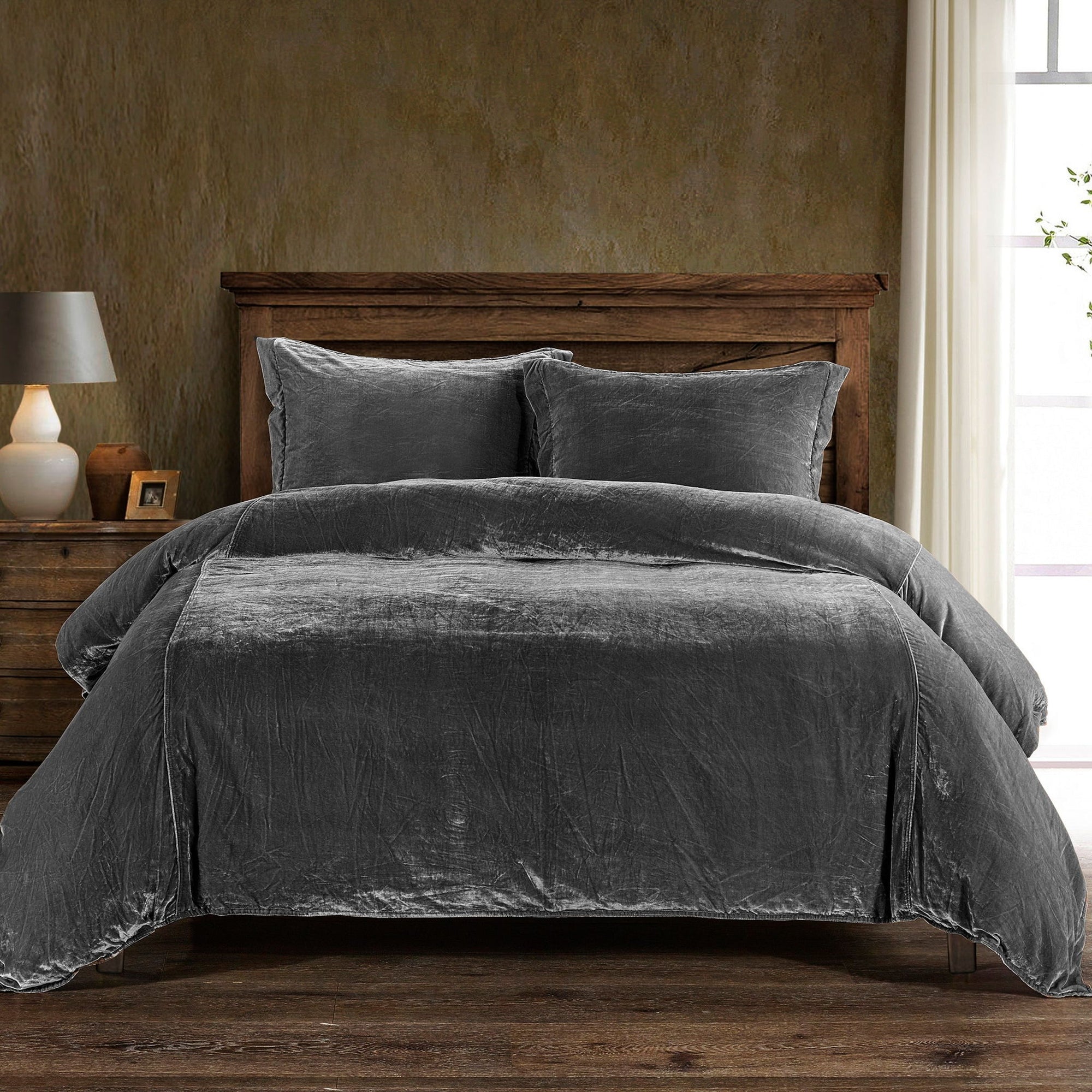 Stella - Queen Faux Silk Velvet Duvet Cover Set (Set of 3) - Dark Slate