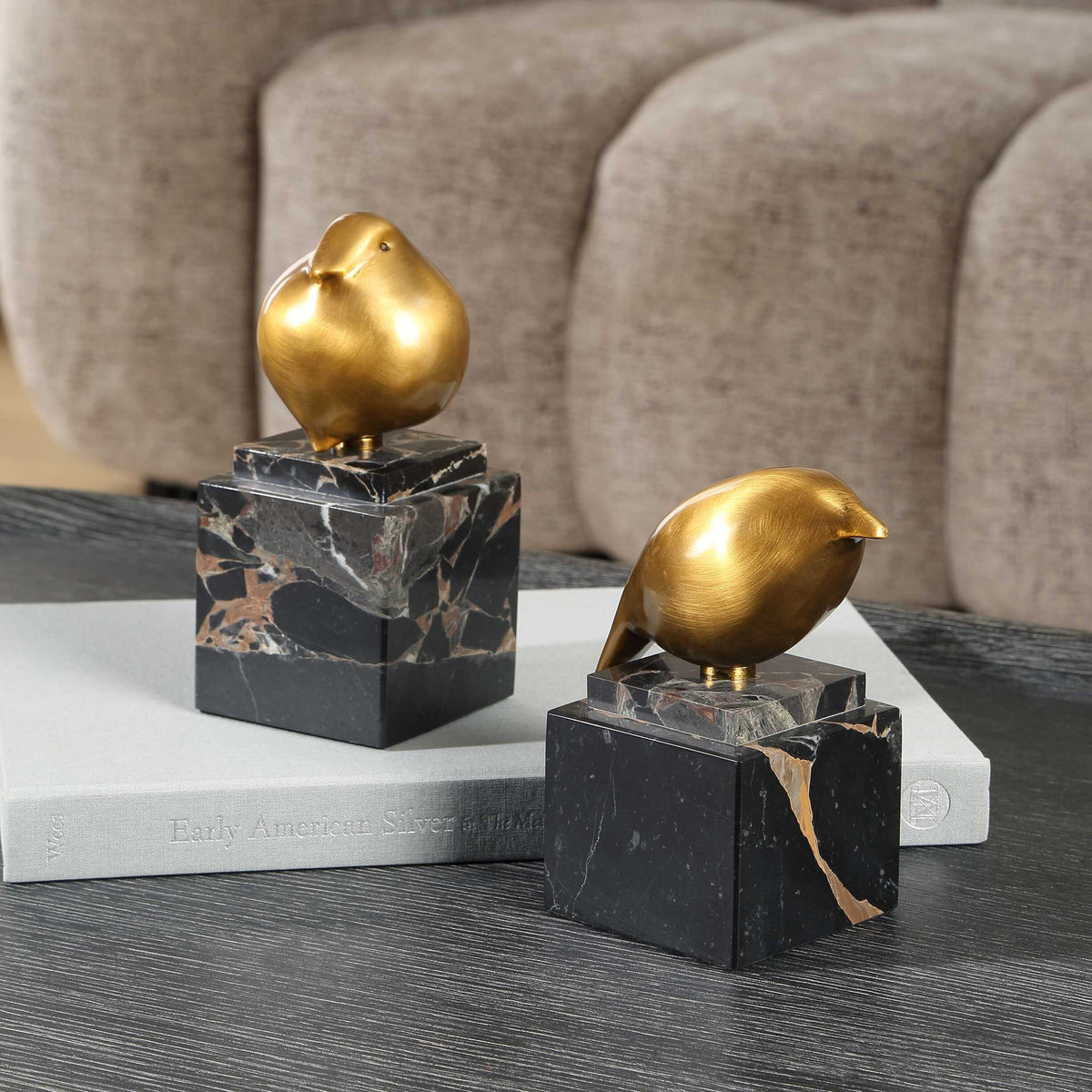 Golden Finch - Bird Figurines (Set of 2) - Black / Brass
