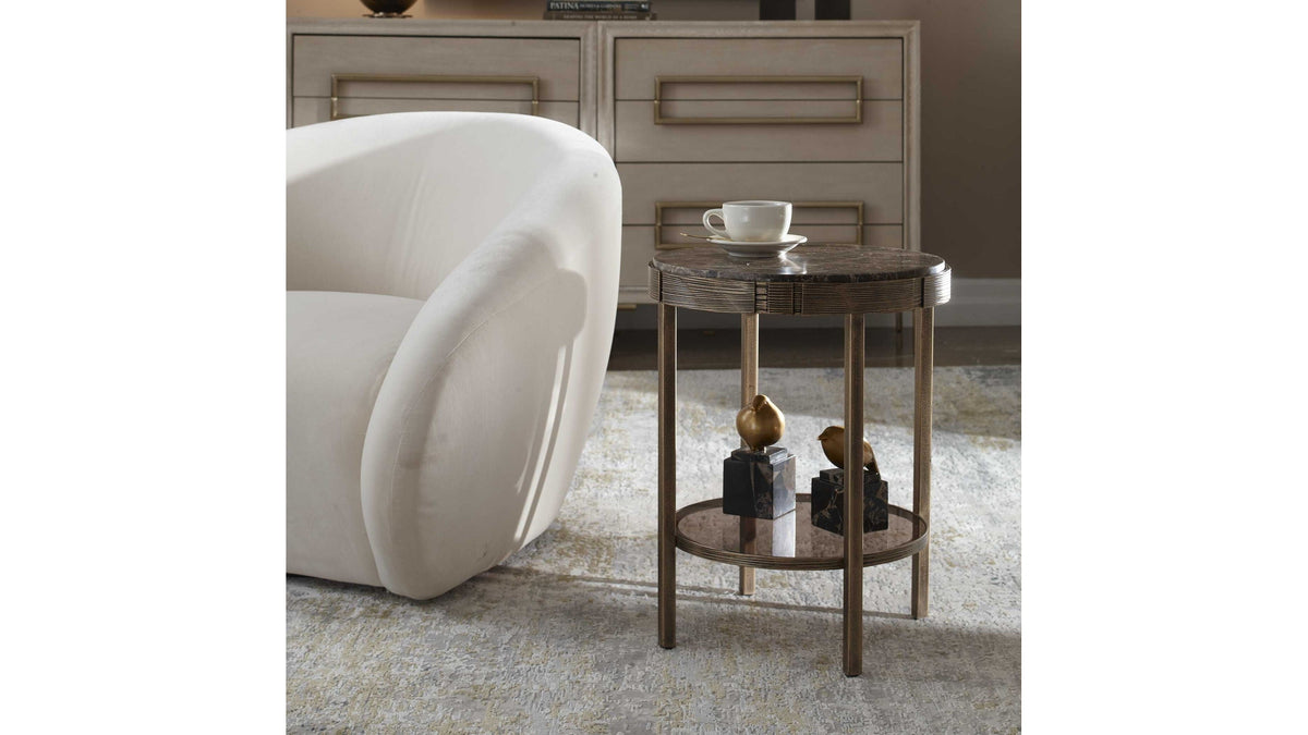Cusano - Round Dark Marble Accent Table - Brass / Brown