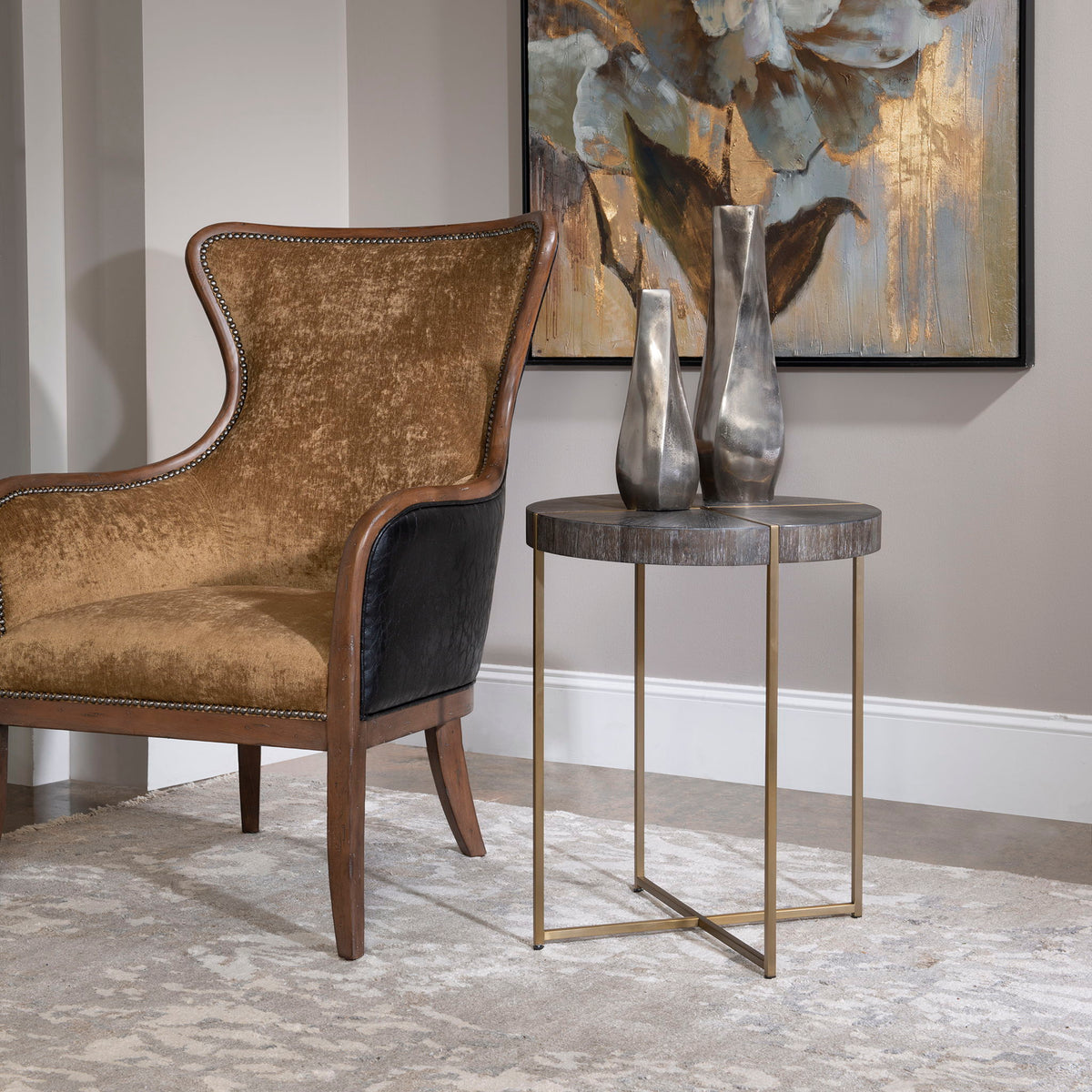 Taja - Round Accent Table - Dark Brown &amp; Gold