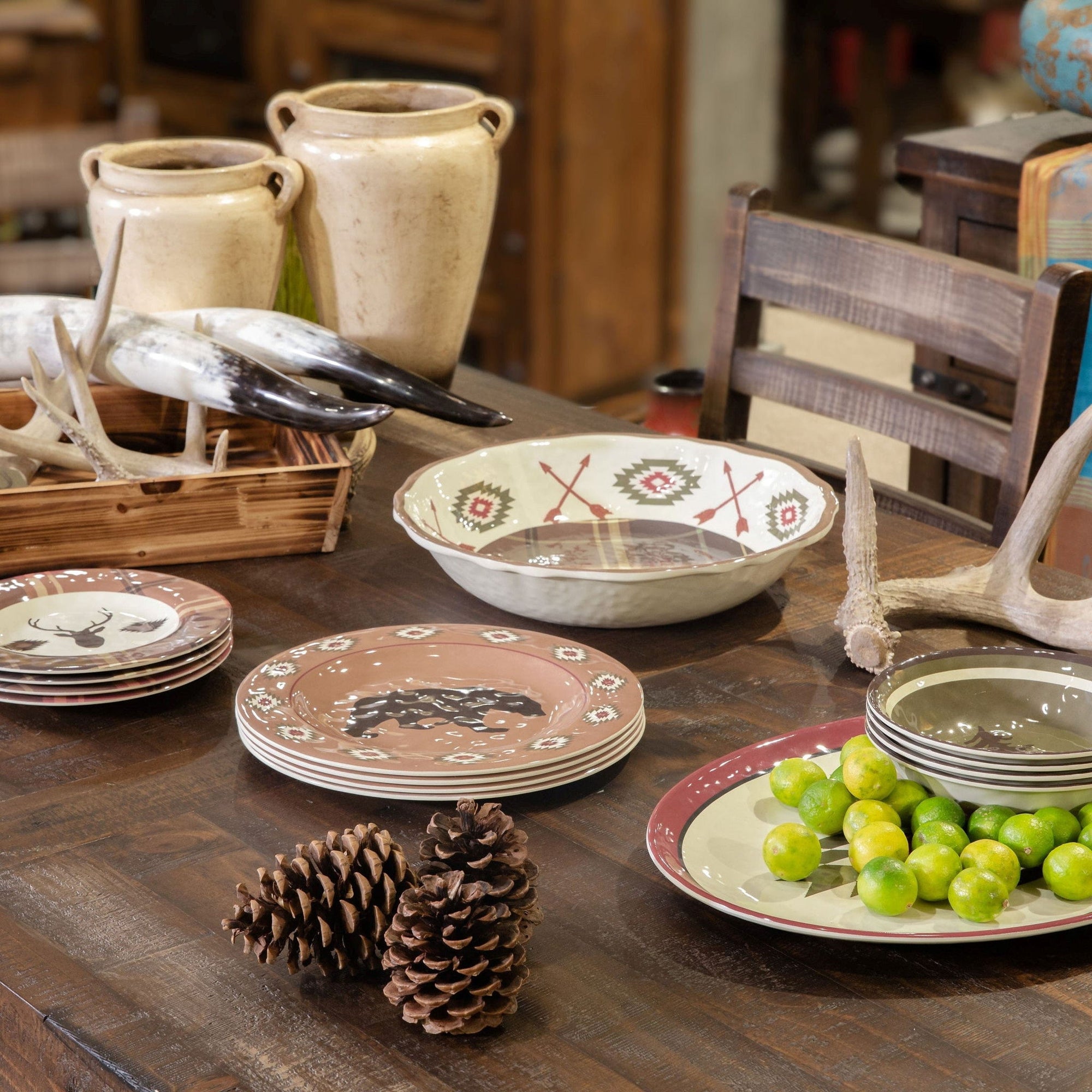 Aztec Bear - Melamine Dinnerware Set (Set of 14), 2 Per Carton - Brown / Red