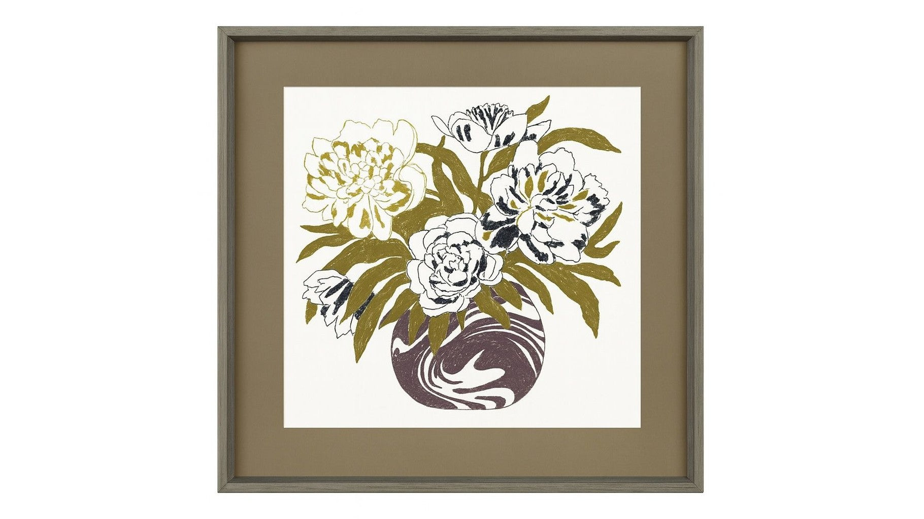 Marble Vase Bouquet Framed Print - Green / Tan