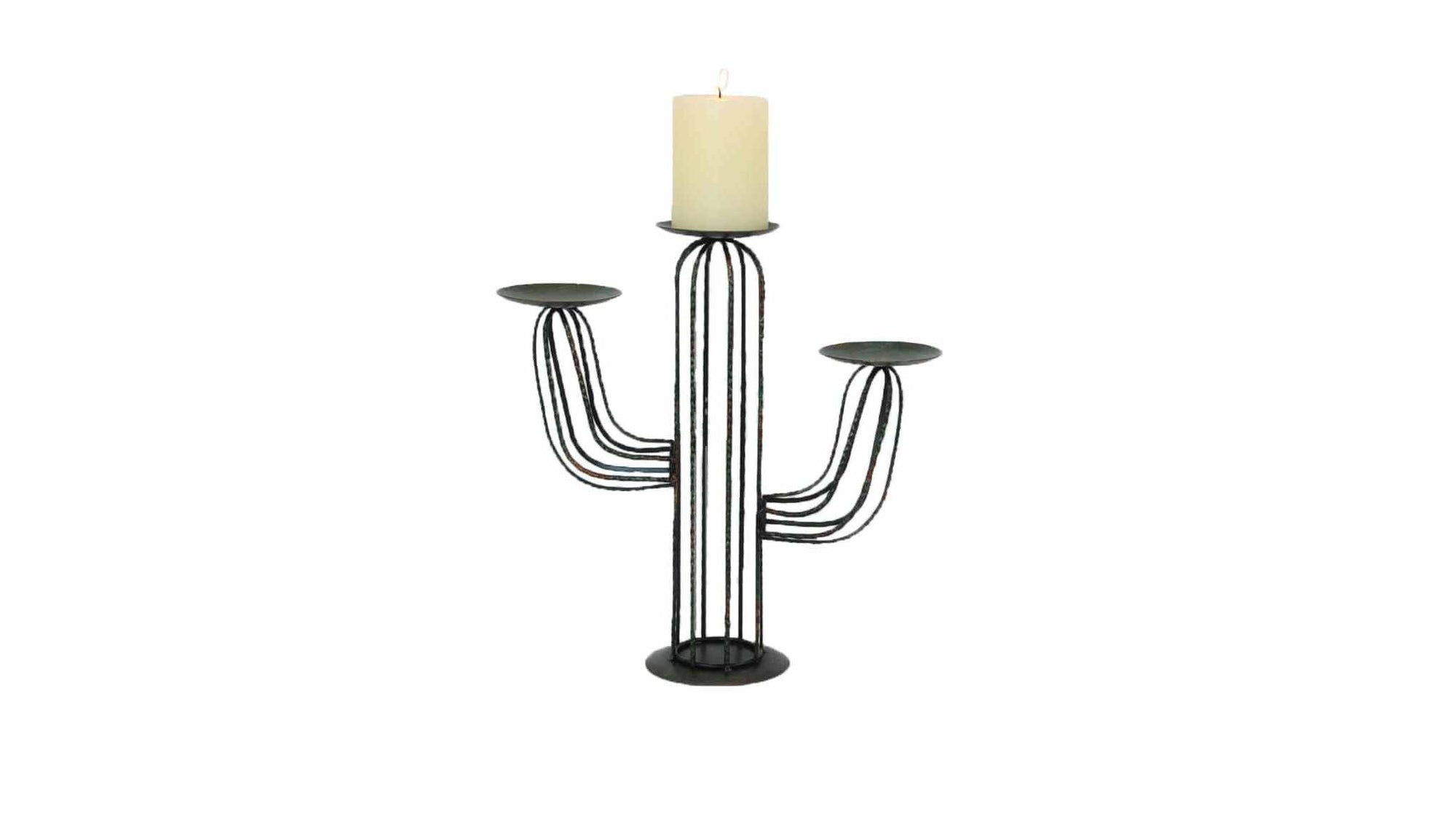 Candle Holder - Cactus 3-Pillar Candle Holder, 2 Per Carton - Green
