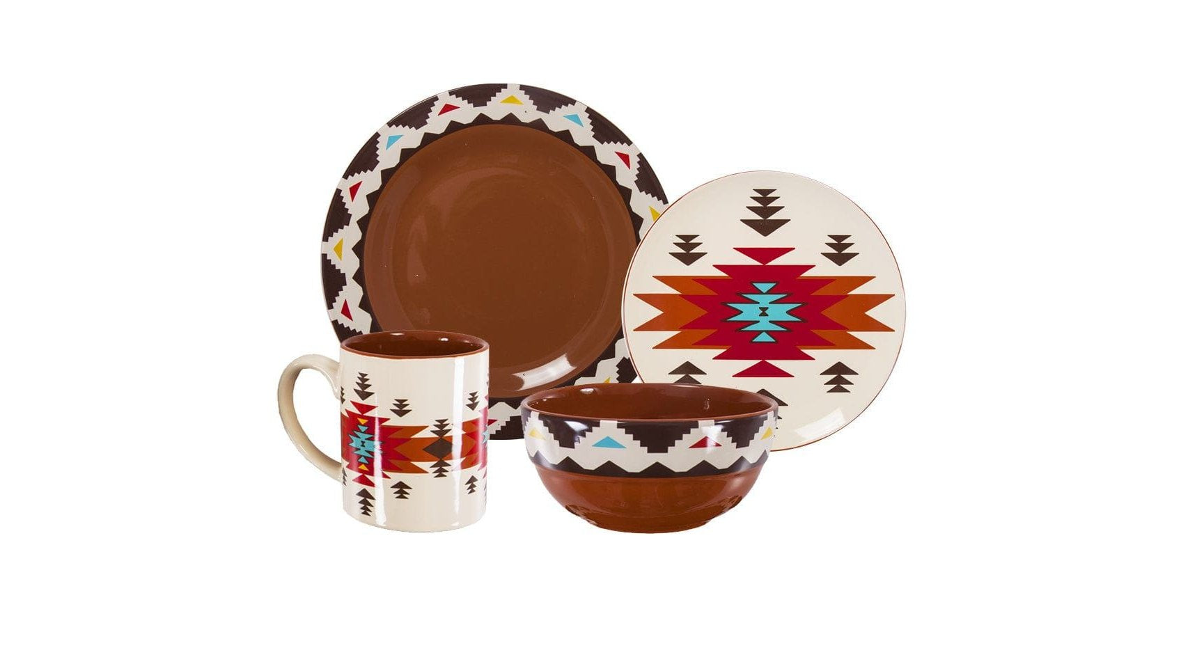 Del Sol - Aztec Ceramic Dinnerware Set Set of 16 - Red / Brown