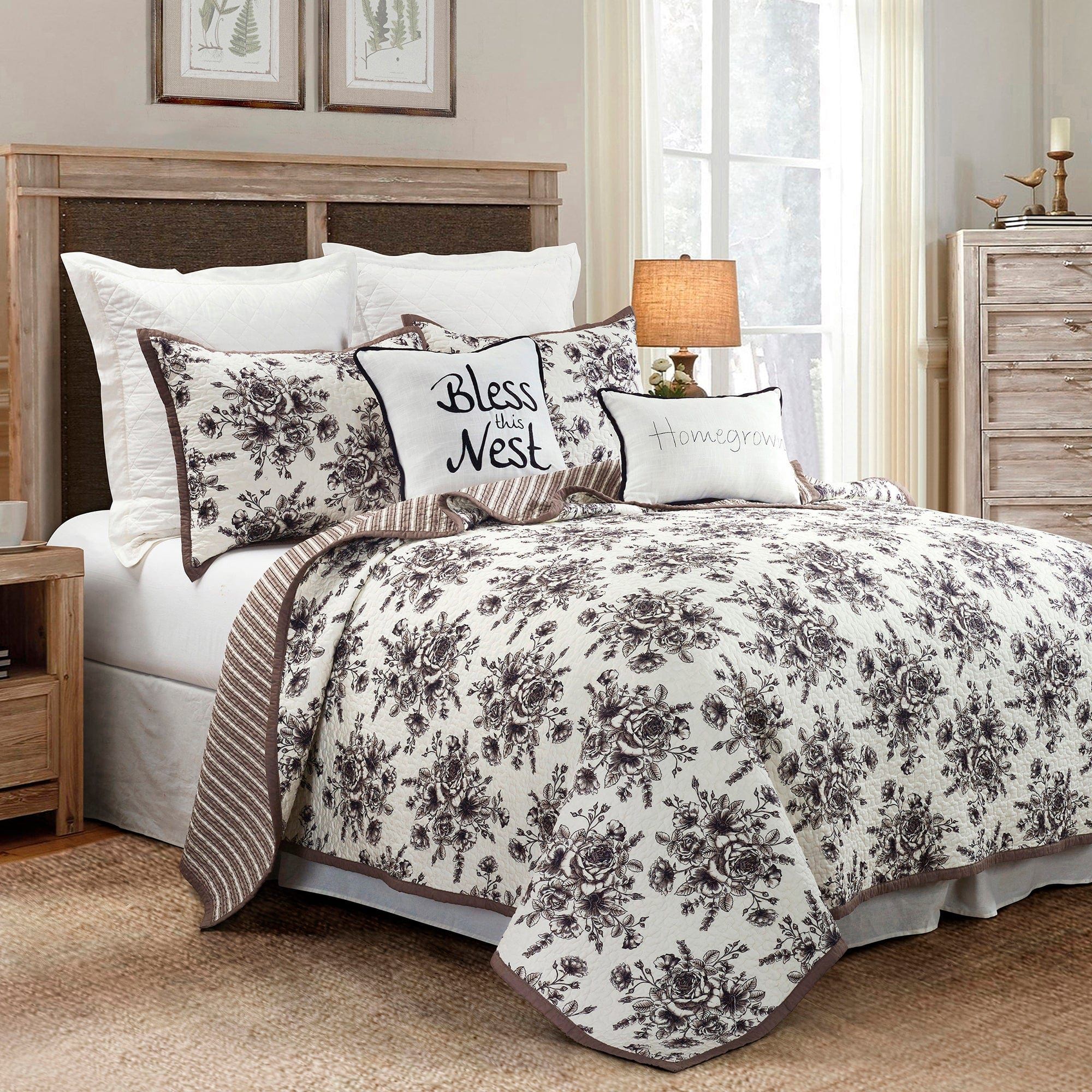 Lyla - Twin Reversible Floral Print Quilt Set (Set of 2) - White / Brown