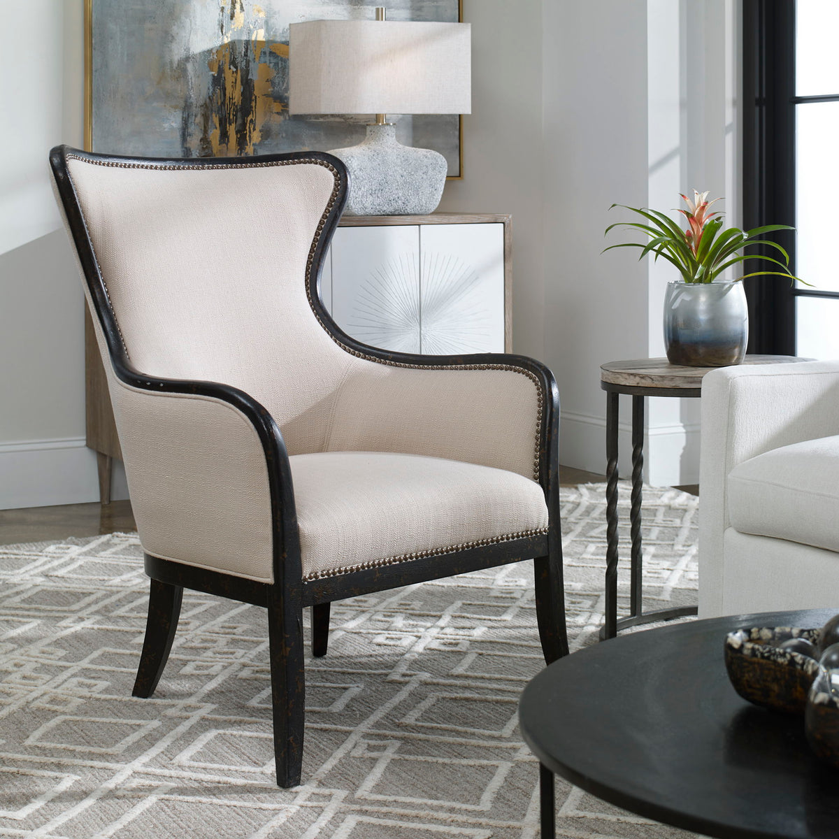 Sandy - Wing Back Armchair - Beige &amp; Dark Brown