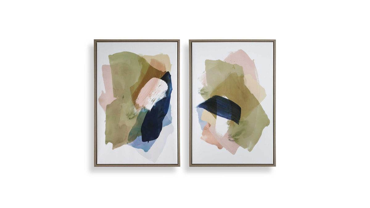 Abstract Afternoon - Framed Canvases (Set of 2) - Blue / Green / Pink / White / Woodtone / Yellow