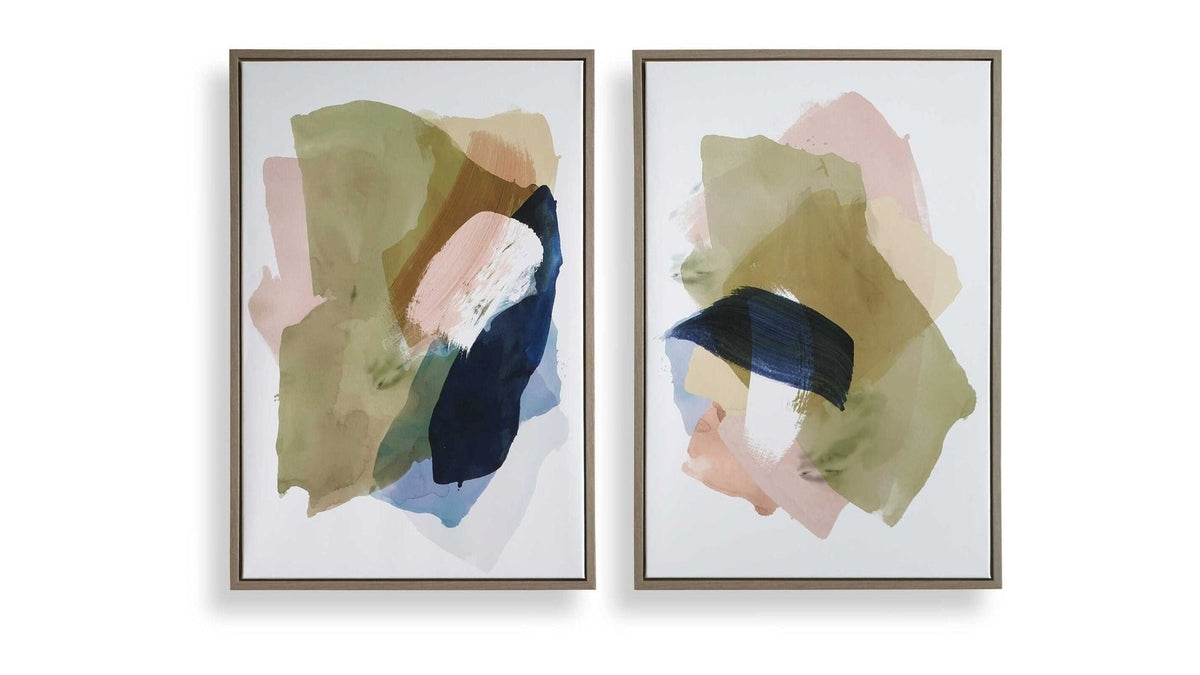 Abstract Afternoon - Framed Canvases Set of 2 - Blue / Green / Pink / White / Woodtone / Yellow