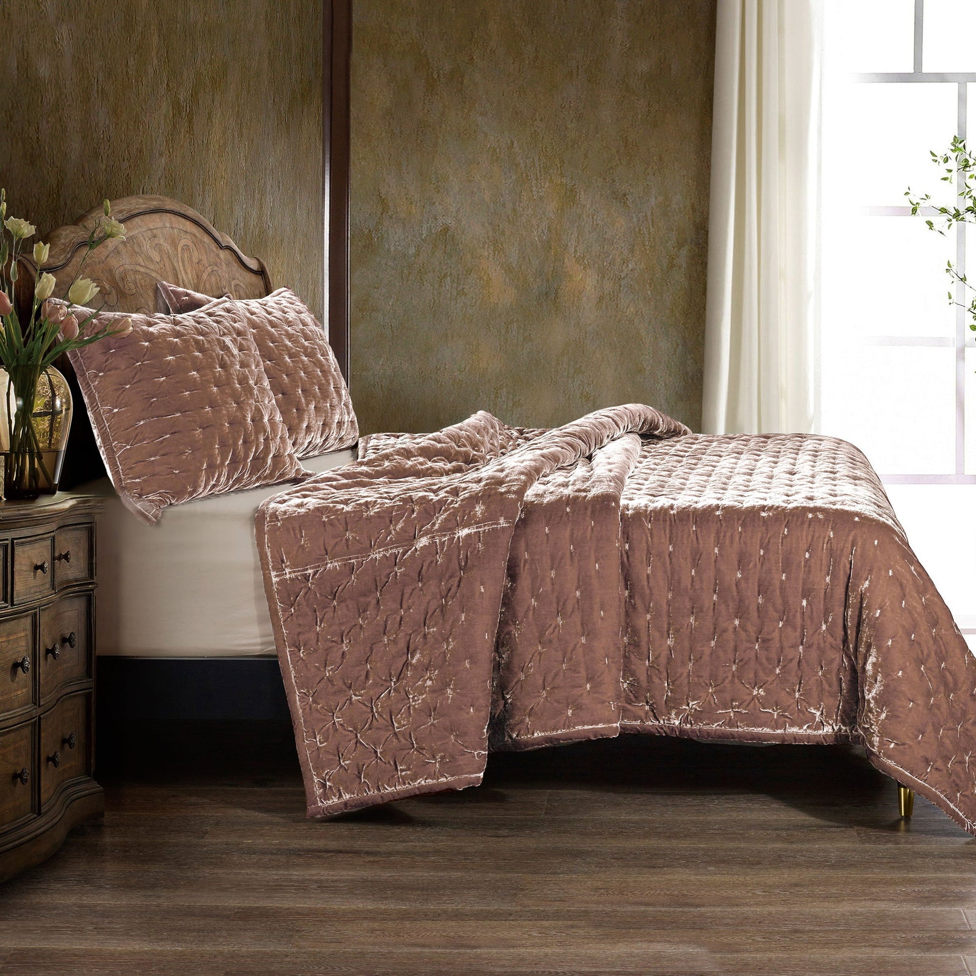 Stella - King Faux Silk Velvet Pintuck Quilt Set (Set of 3) - Dusty Rose