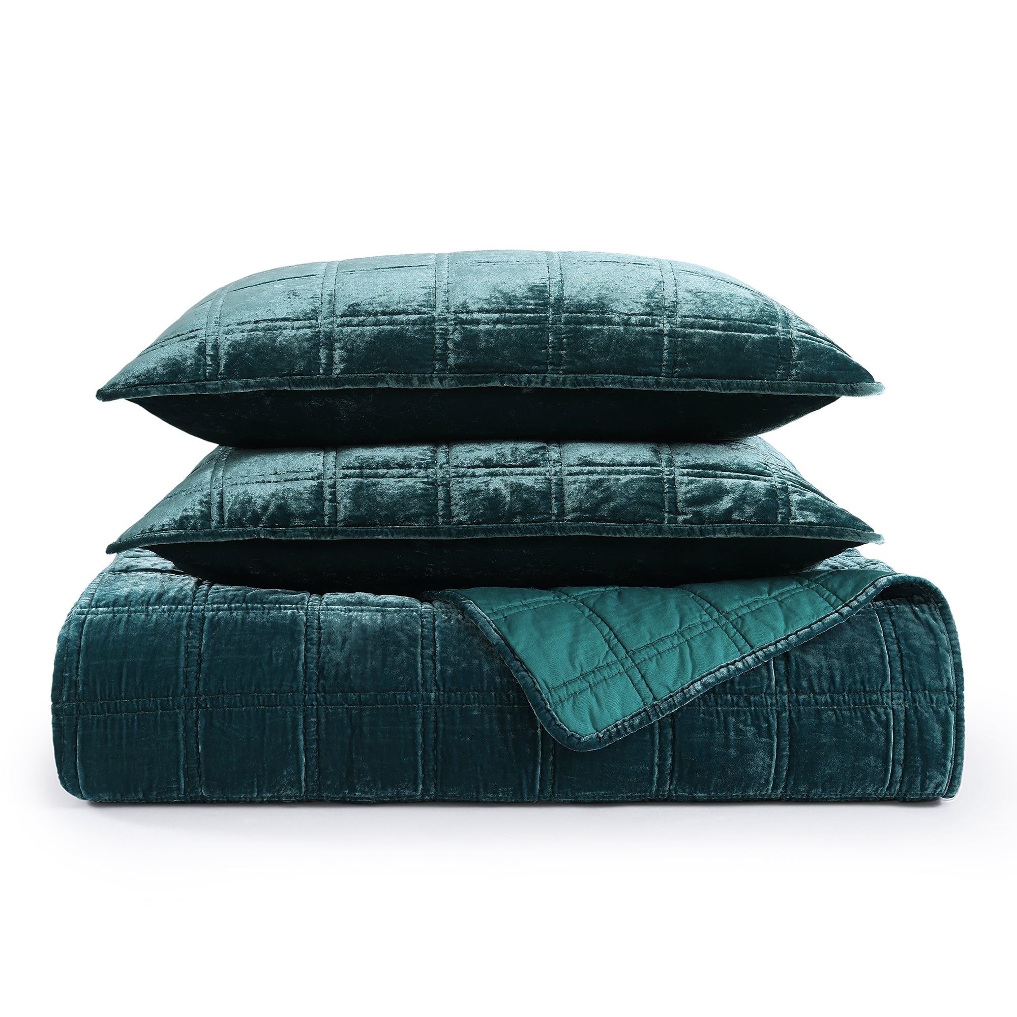 Stella - Full/Queen Faux Silk Velvet Double Box Stitch Quilt Set (Set of 3) - Storm Blue