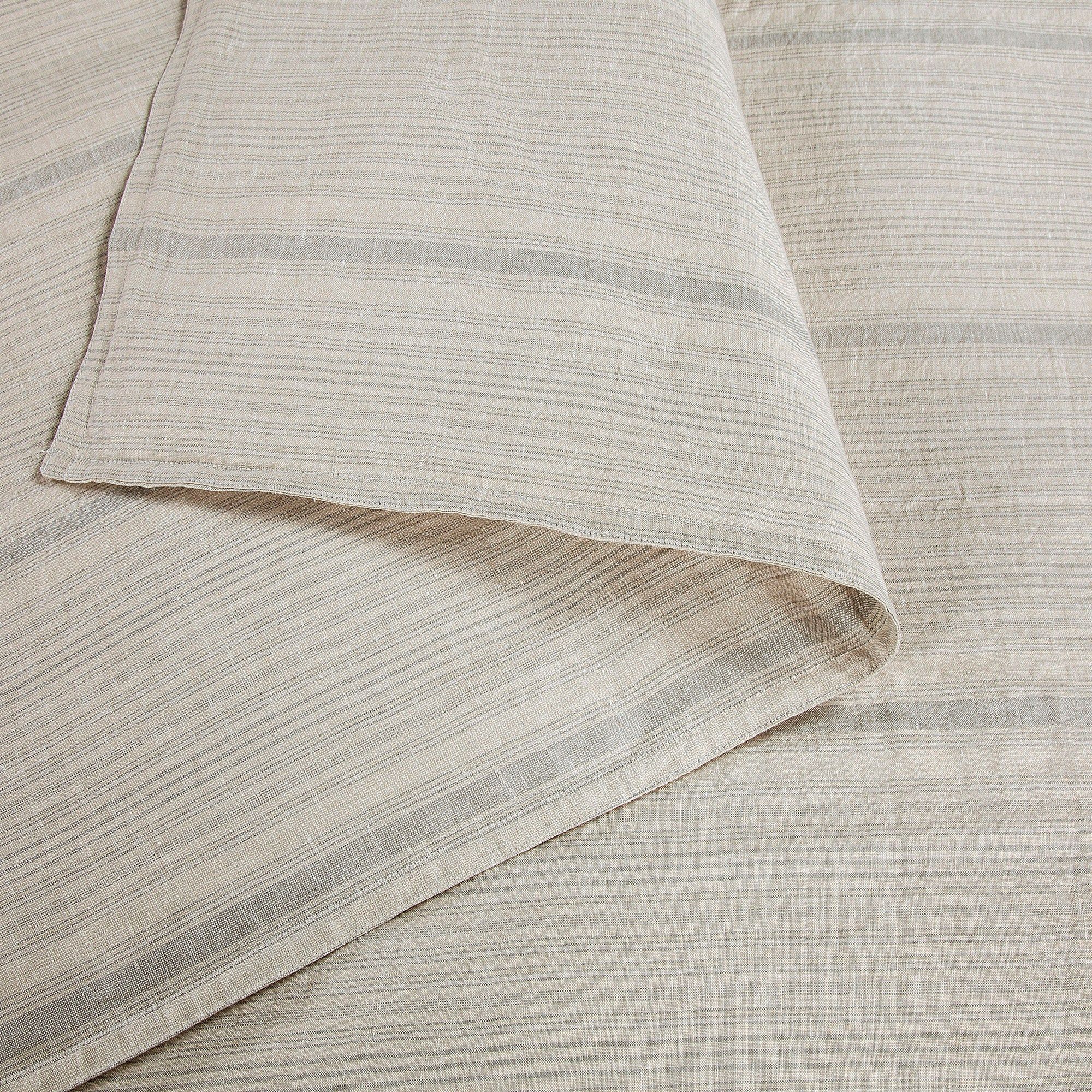 100% French Flax Linen - King Variegated Stripe Duvet Cover Set (Set of 3) - Natural / Light Blue