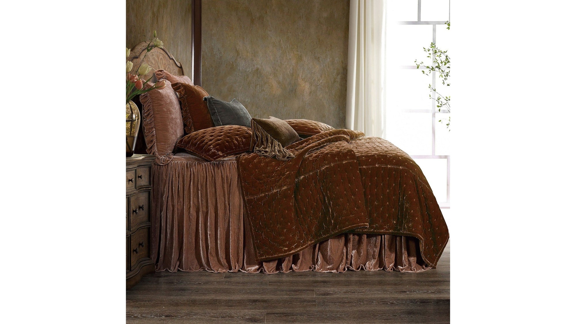 Stella - King Faux Silk Velvet Pintuck Quilt Set Set of 3 - Copper Brown