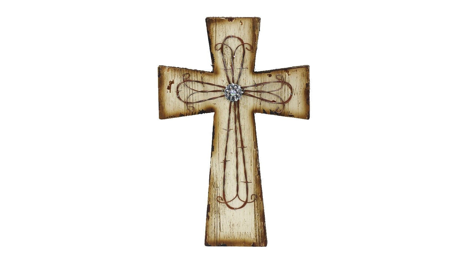 Wall Décor - 10" x 15" Distressed Wood & Barbwire Cross Wall Décor 4 Per Carton - Cream