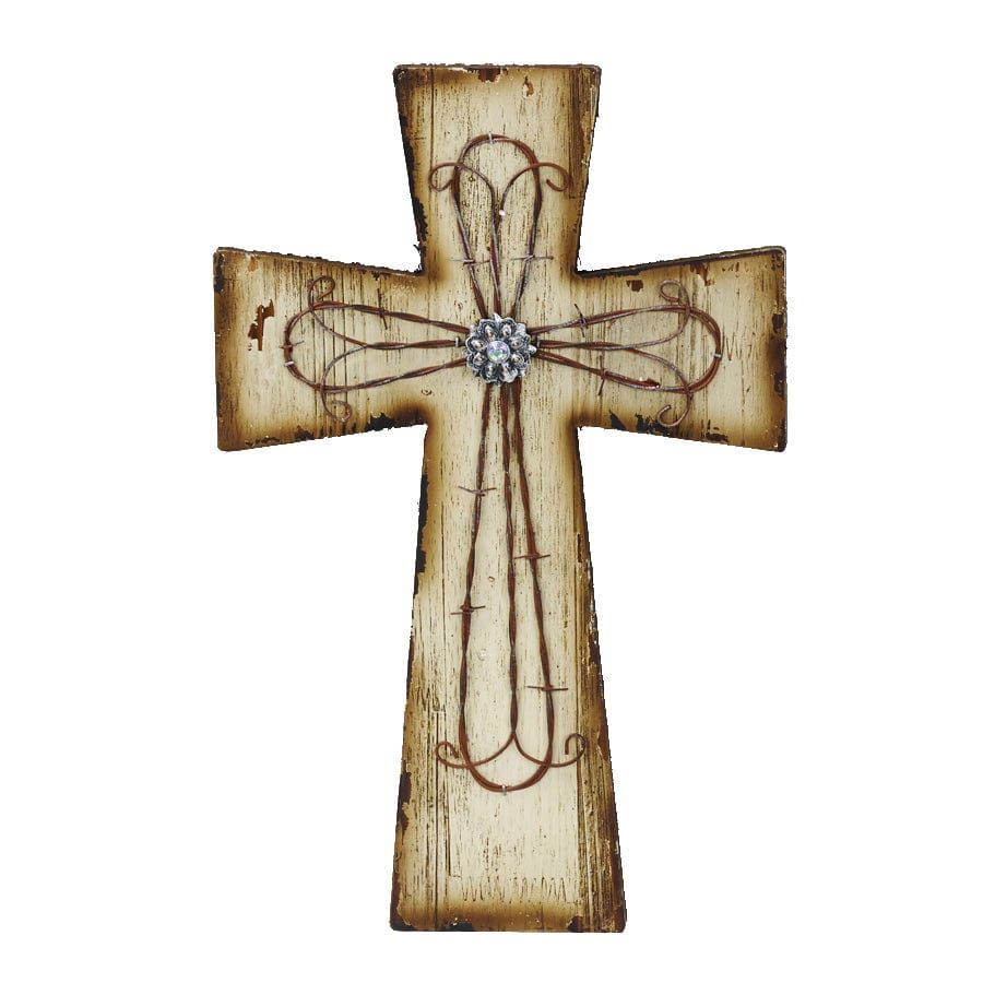 Wall Décor - 10" x 15" Distressed Wood &amp; Barbwire Cross Wall Décor 4 Per Carton - Cream