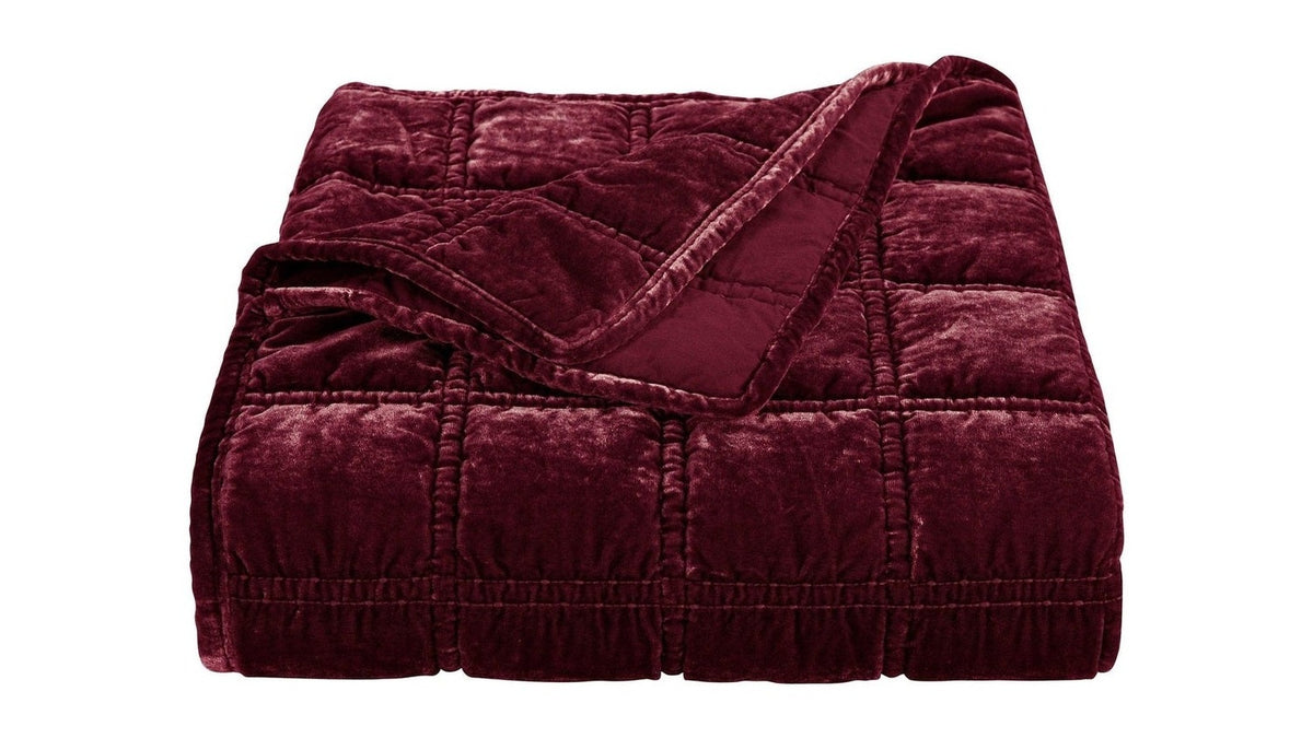 Stella - Faux Silk Velvet Double Box Stitch Throw - Garnet Red