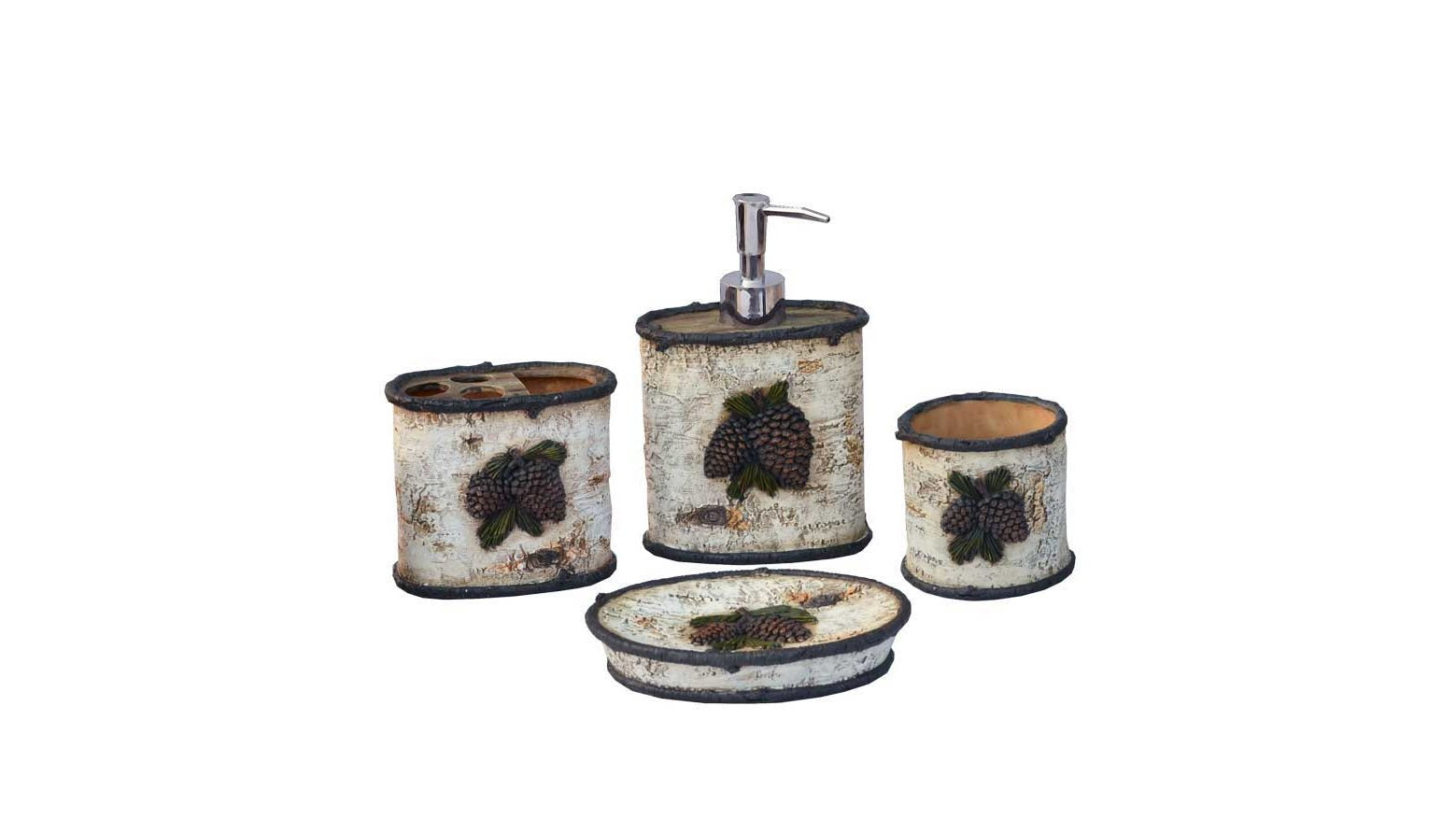 Lodge Pine Cone - Birch Pinecone Countertop Bathroom Set Set of 4 , 4 Per Carton - Brown / White