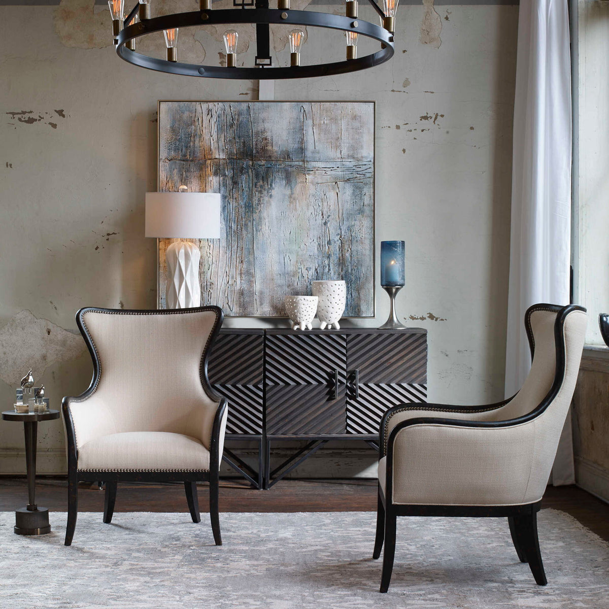 Sandy - Wing Back Armchair - Beige &amp; Dark Brown