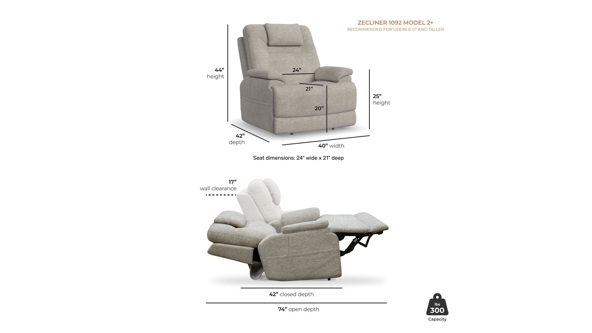 Zecliner Model 2+ - Power Lift Recliner With Power Headrest, Lumbar, Heat &amp; Massage