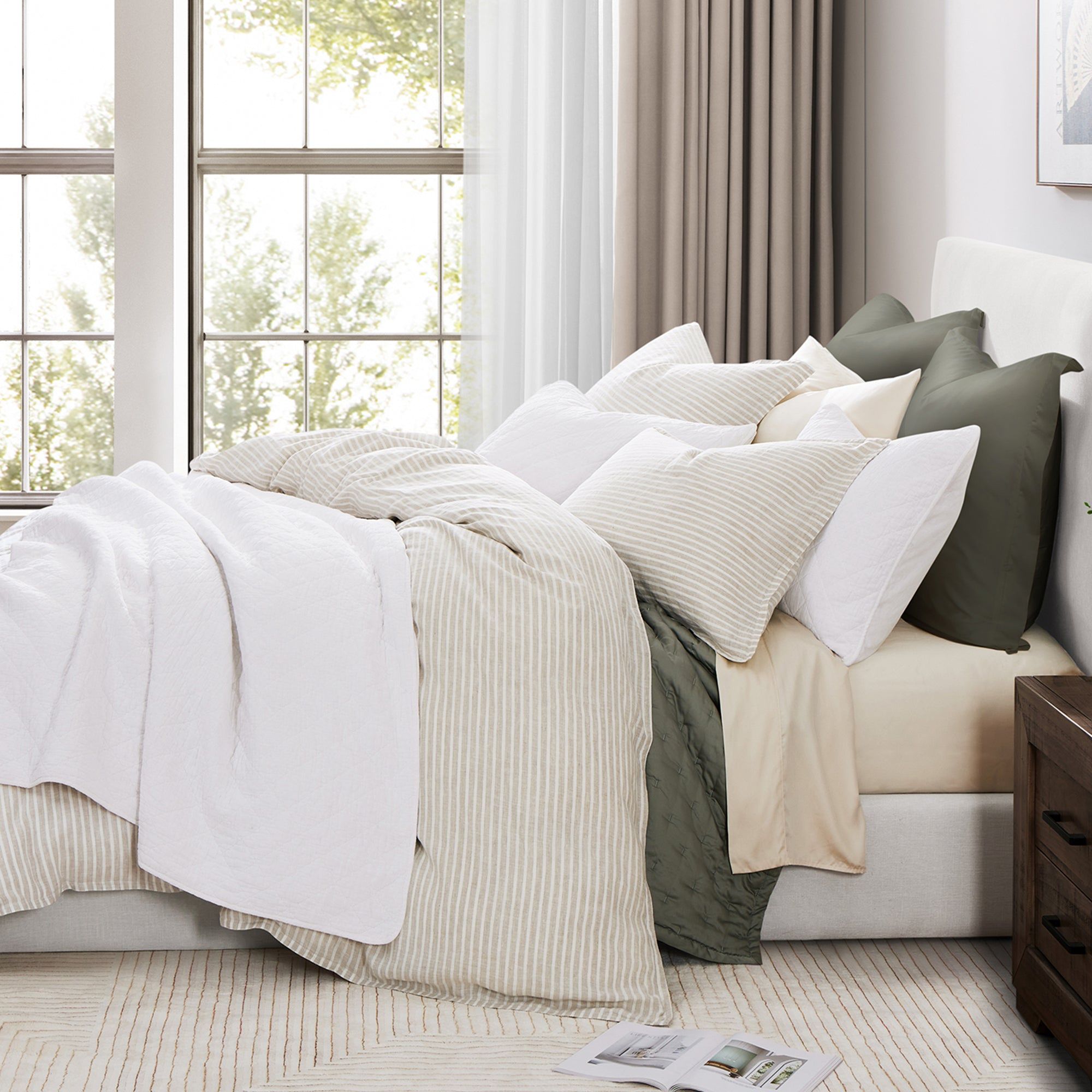 100% French Flax Linen - King Railroad Stripe Duvet Cover Set (Set of 3) - Natural
