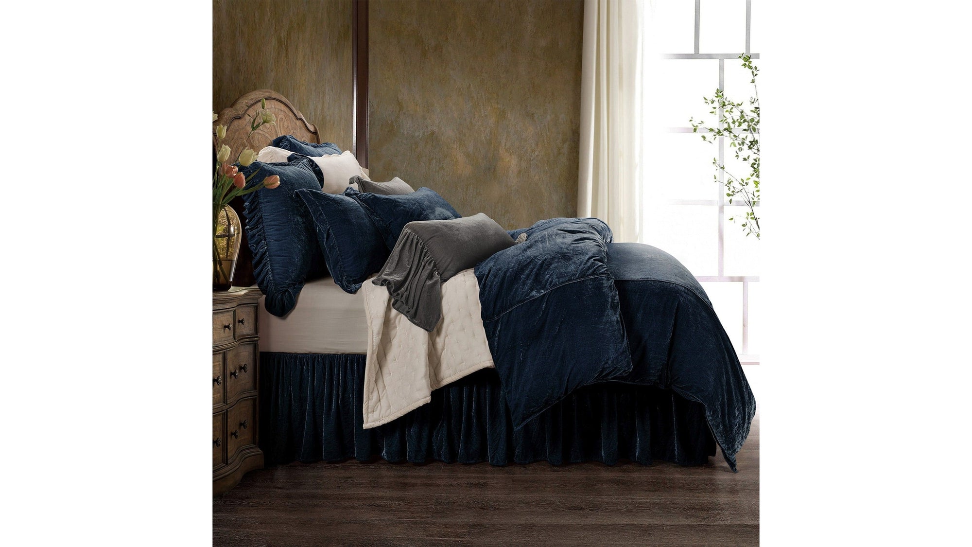 Stella - Queen Faux Silk Velvet Duvet Cover Set Set of 3 - Midnight Blue