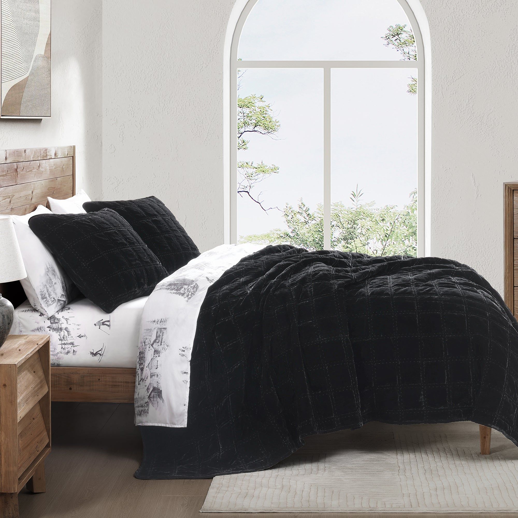 Stella - Full/Queen Faux Silk Velvet Double Box Stitch Quilt Set (Set of 3) - Black