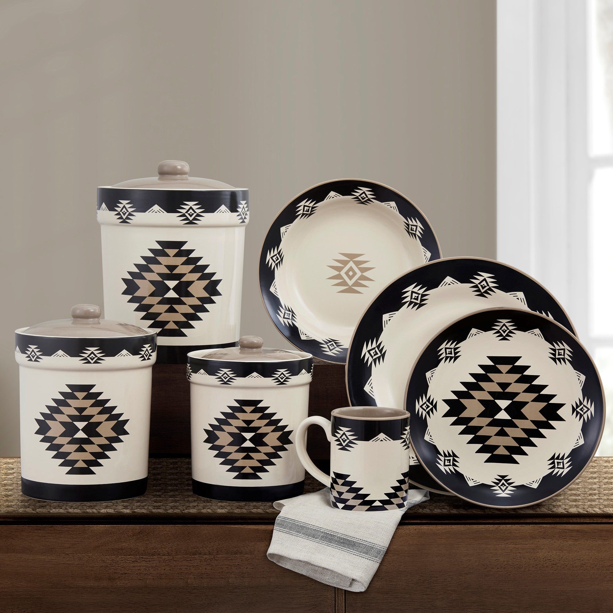 Chalet - Aztec Dinnerware &amp; Canister Set (Set of 19) - Cream / Taupe / Black