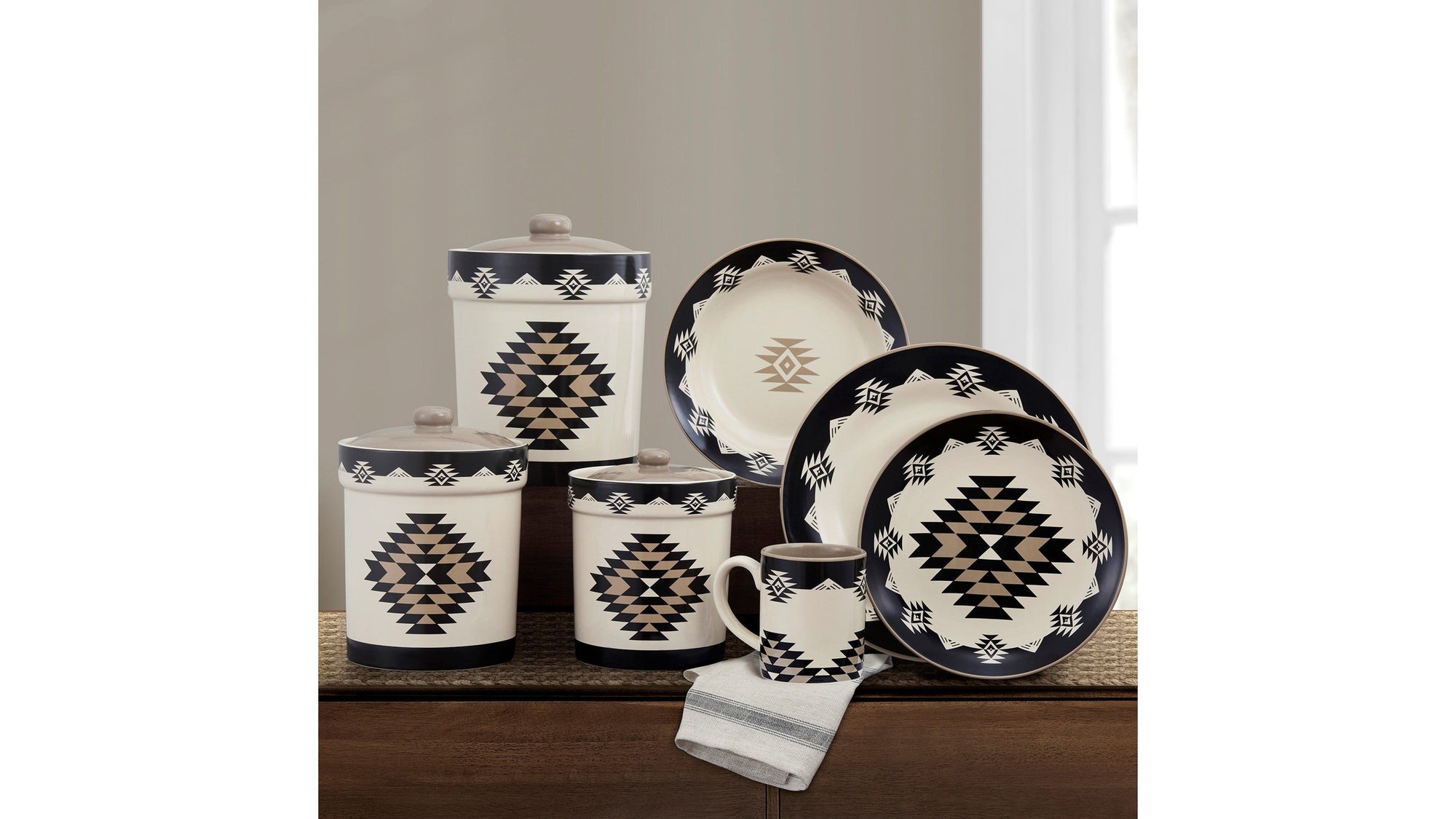Chalet - Aztec Dinnerware &amp; Canister Set Set of 19 - Cream / Taupe / Black