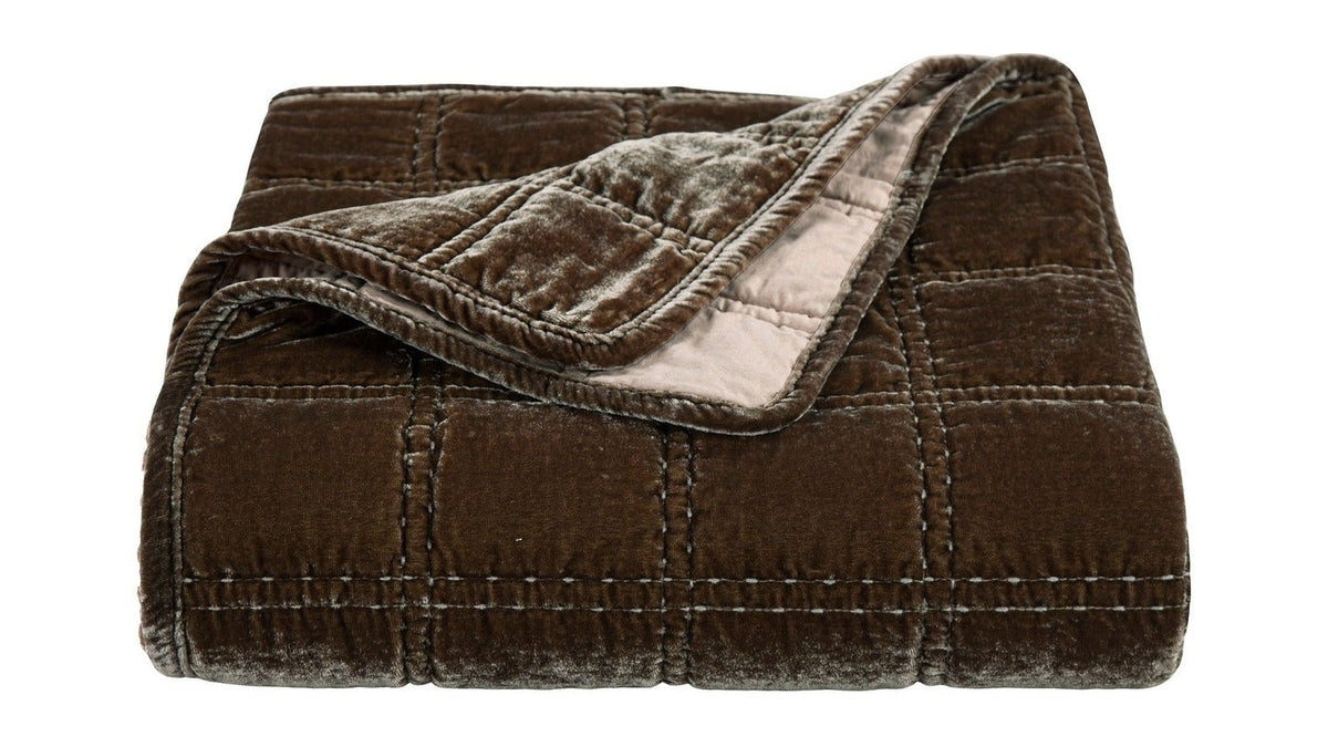 Stella - Faux Silk Velvet Double Box Stitch Throw - Green Ochre