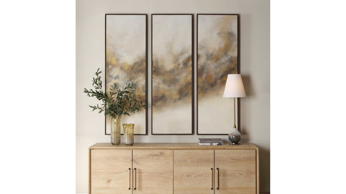 Smoke Break - Hand Painted Modern Art (Set of 3) - Black / Gray / Orange / Woodtone / Yellow