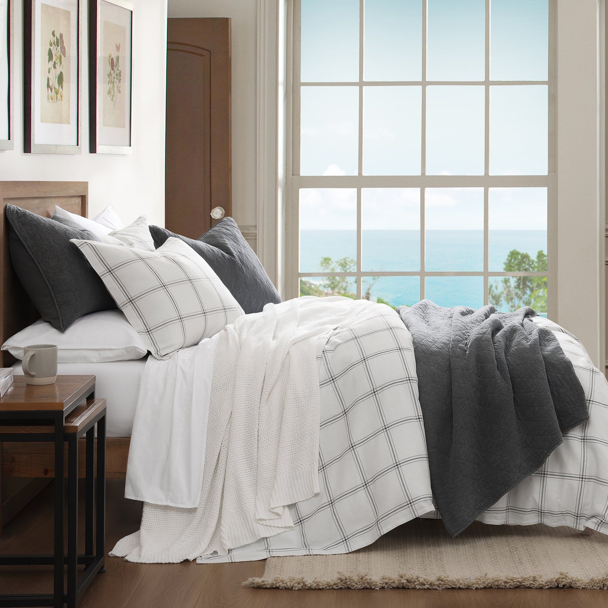 Windowpane - King Plaid Comforter Set (Set of 3) - White
