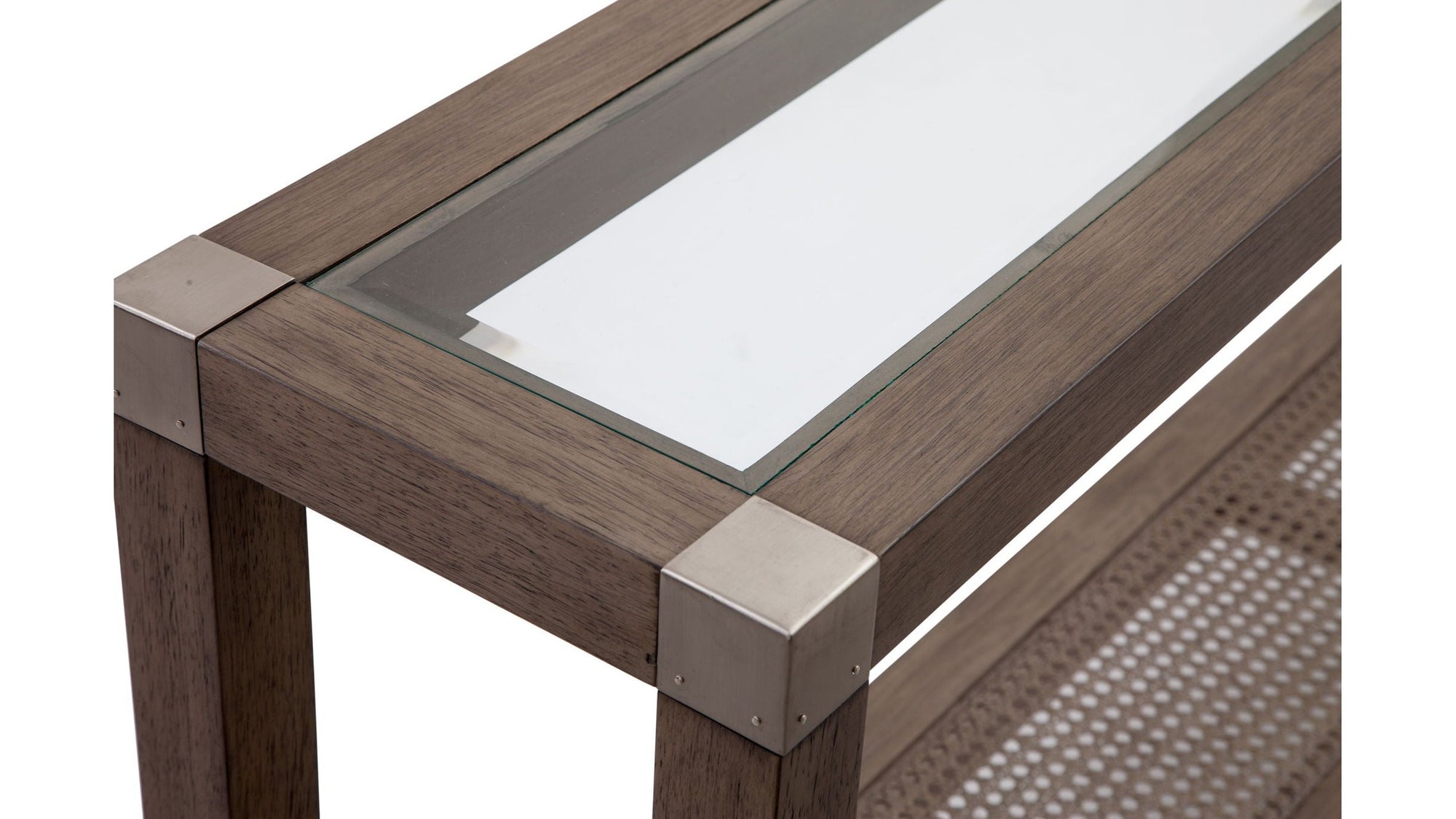 Calum - Console Table - Driftwood Gray / Cane / Brushed Nickel