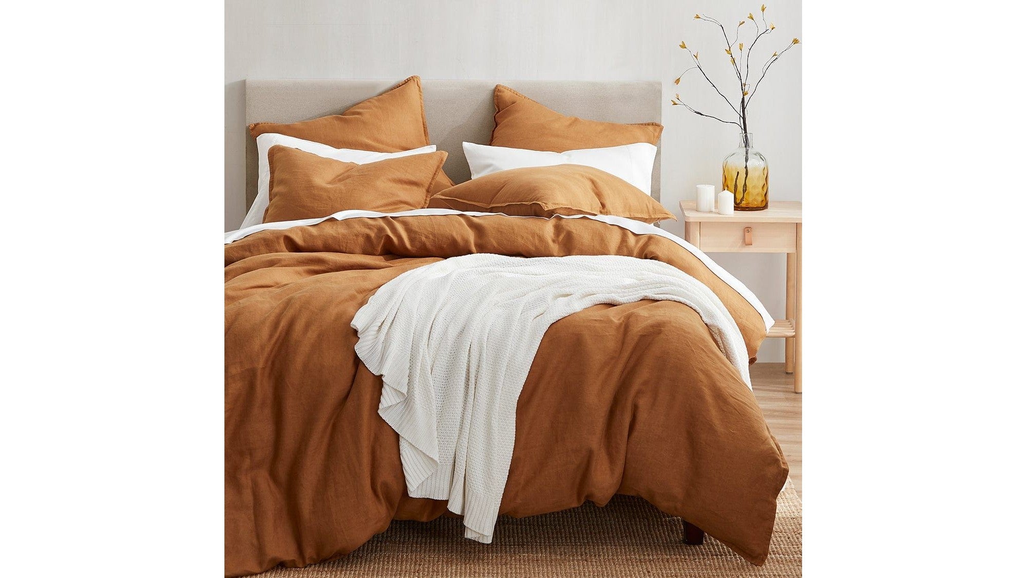 100% French Flax Linen - Queen Duvet Cover Set Set of 3 - Caramel