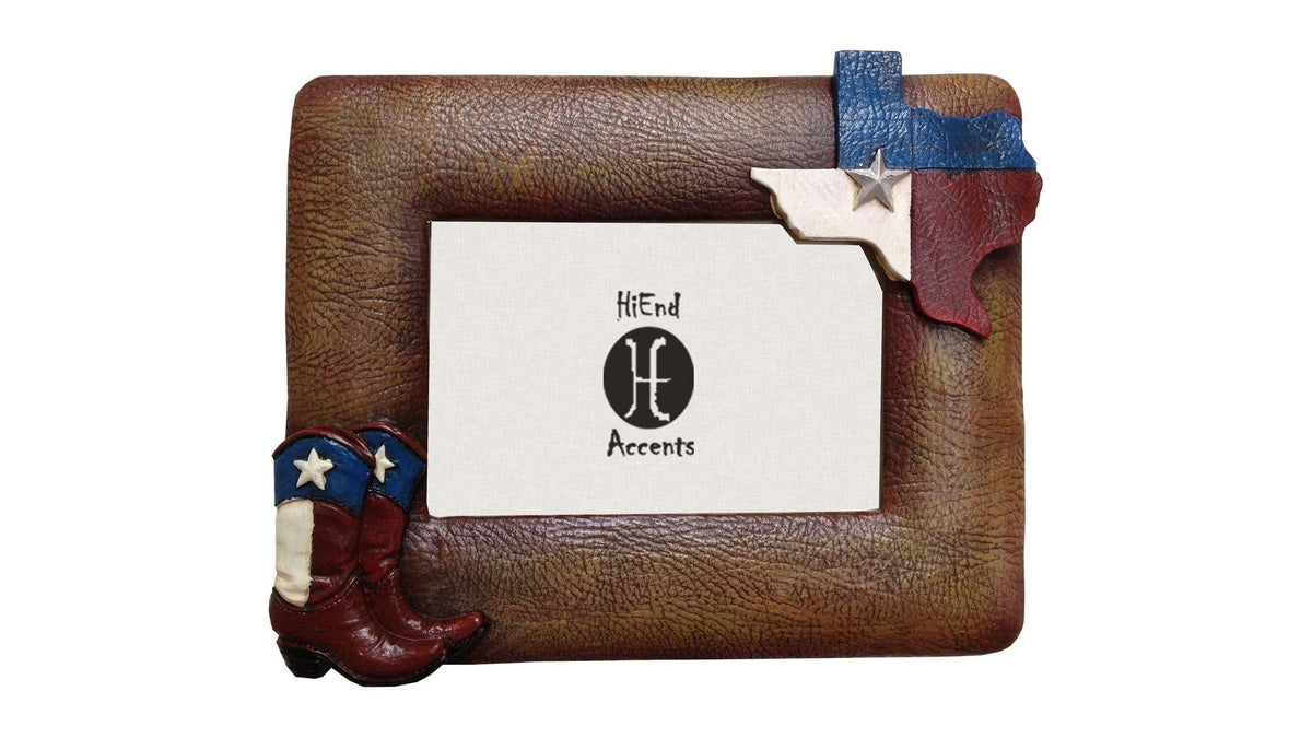 Texas Themed - 4" x 6" Texas Flag & Boots Picture Frame 4 Per Carton - Brown