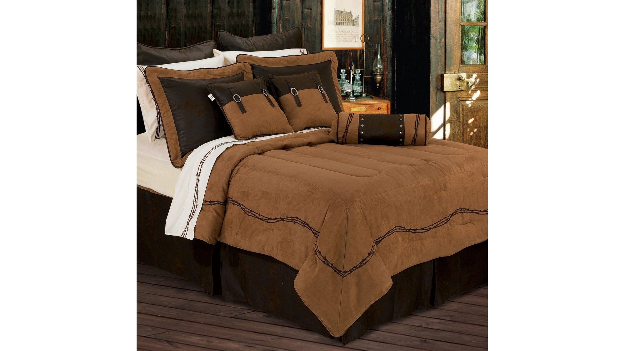 Rustic Barbwire - Queen Barbwire Comforter Set Set of 7 - Tan
