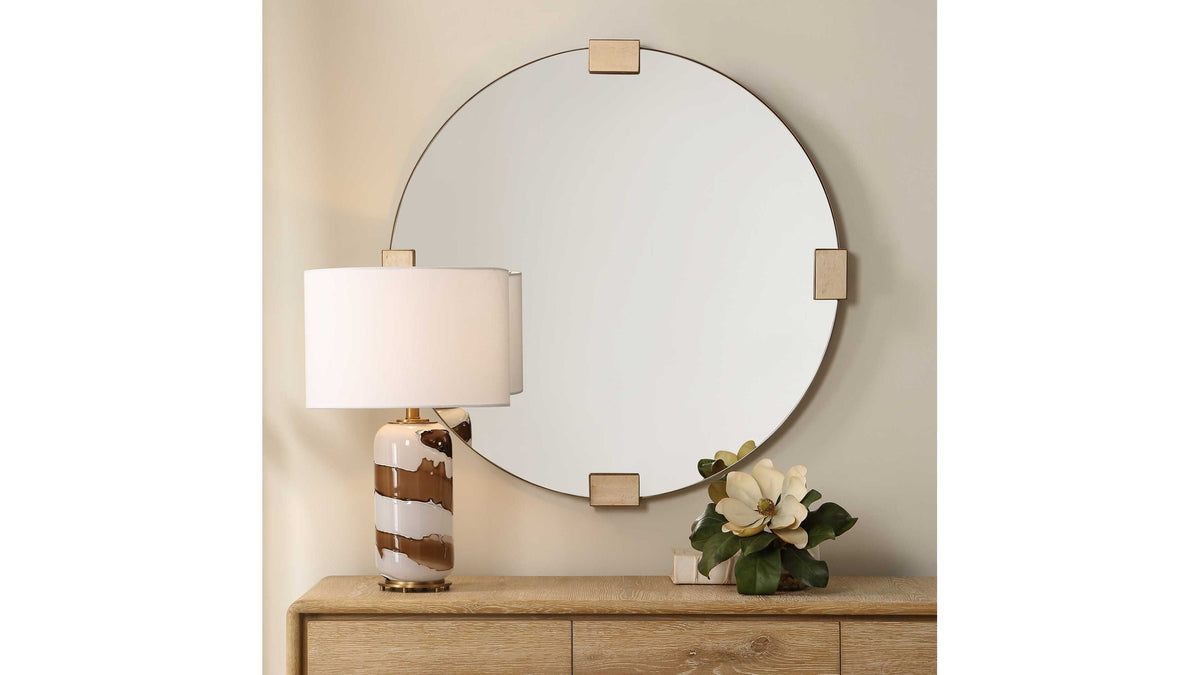 Russo - Travertine Round Mirror - Bronze / Brown / Gold