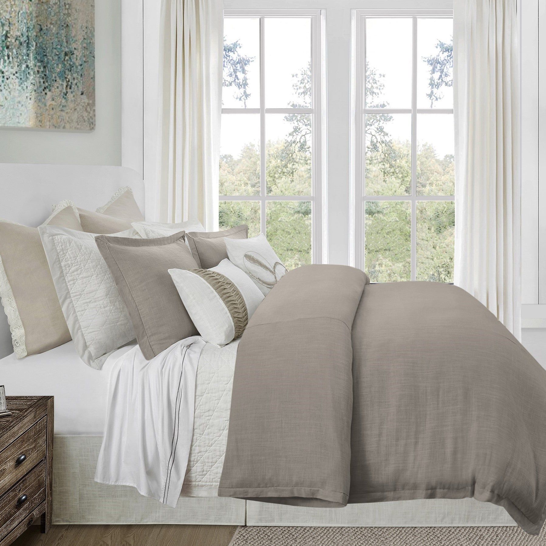 Hera - Queen Washed Linen Flange Duvet Cover - Taupe