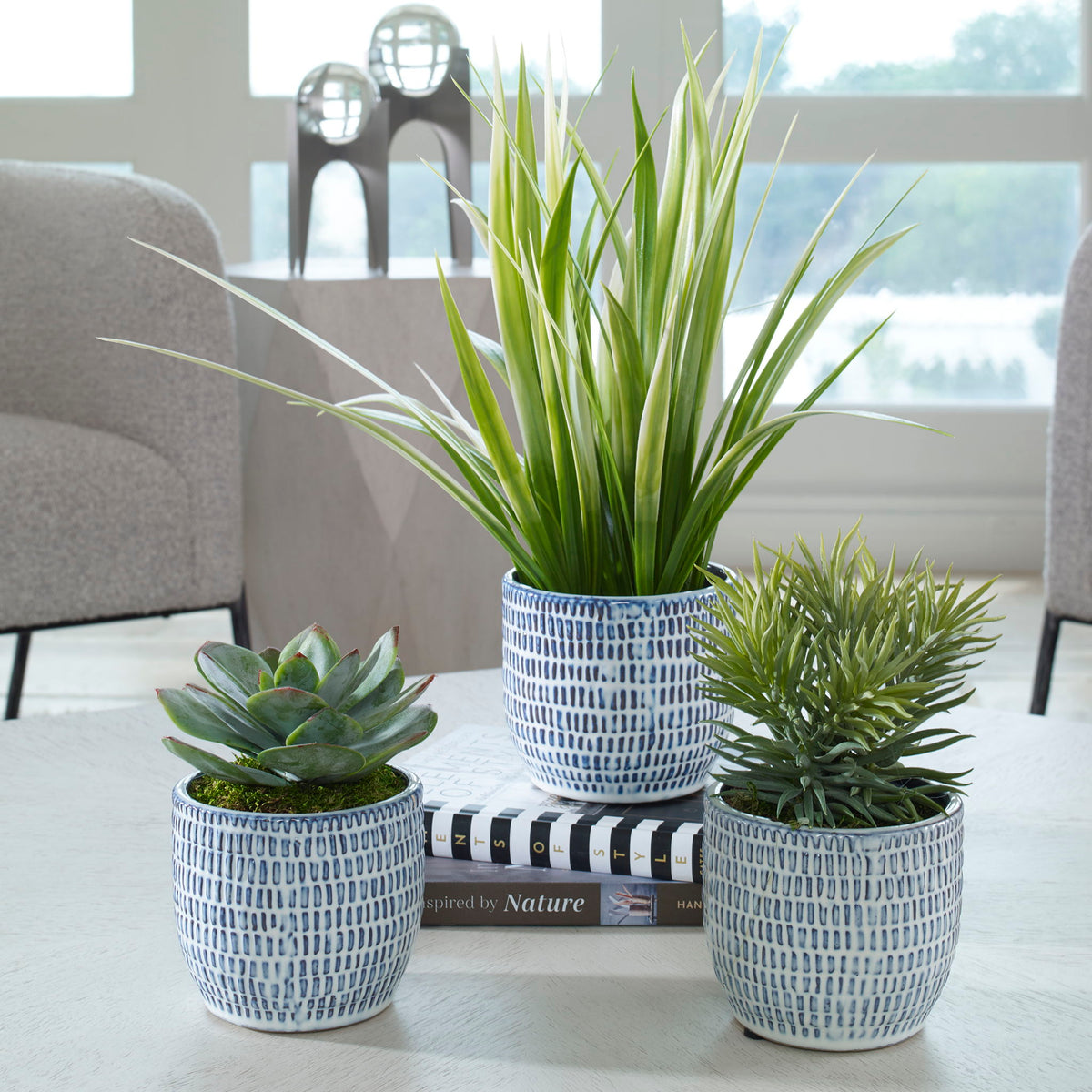 Puebla - Greenery In Blue &amp; White Pots (Set of 3) - Green