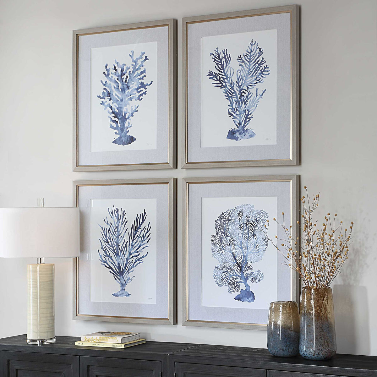 Shibori Coral - Framed Prints (Set of 4) - Light Gray