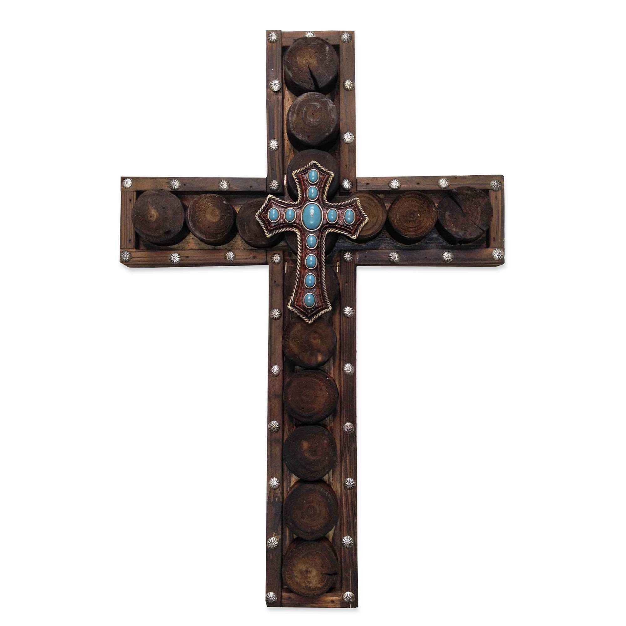 Cross - 20" x 13.5" Studded Wood &amp; Turquoise Cross Wall Décor 4 Per Carton - Dark Brown