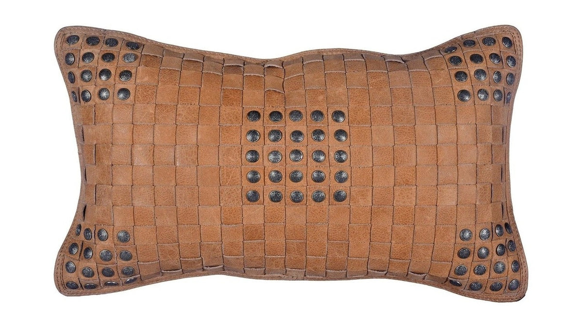 Genuine Leather - Studded Basket Weave Pillow - Tan
