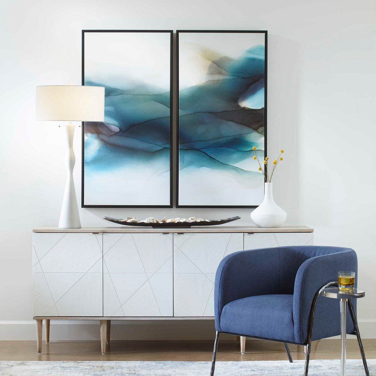 September Desert - Modern Watercolor Art (Set of 2) - Blue